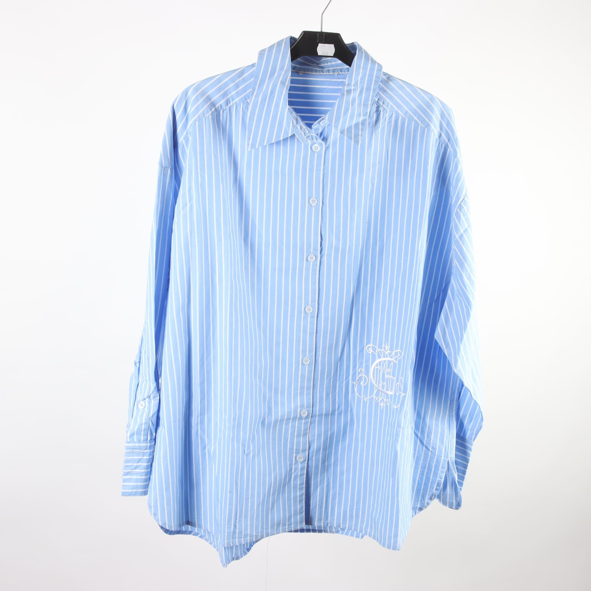 Blus, Okänd, randig, vit, blå, stl. ca. L/XL.