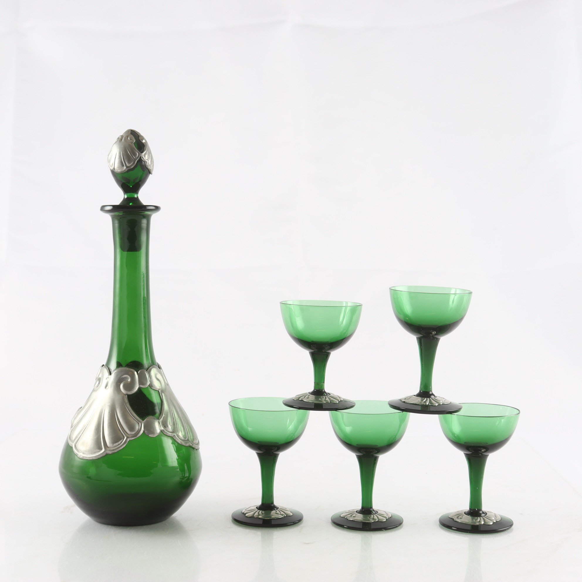 Likörservis, glas, dekor i tenn, Danmark, 1930-tal. Samfraktas ej.