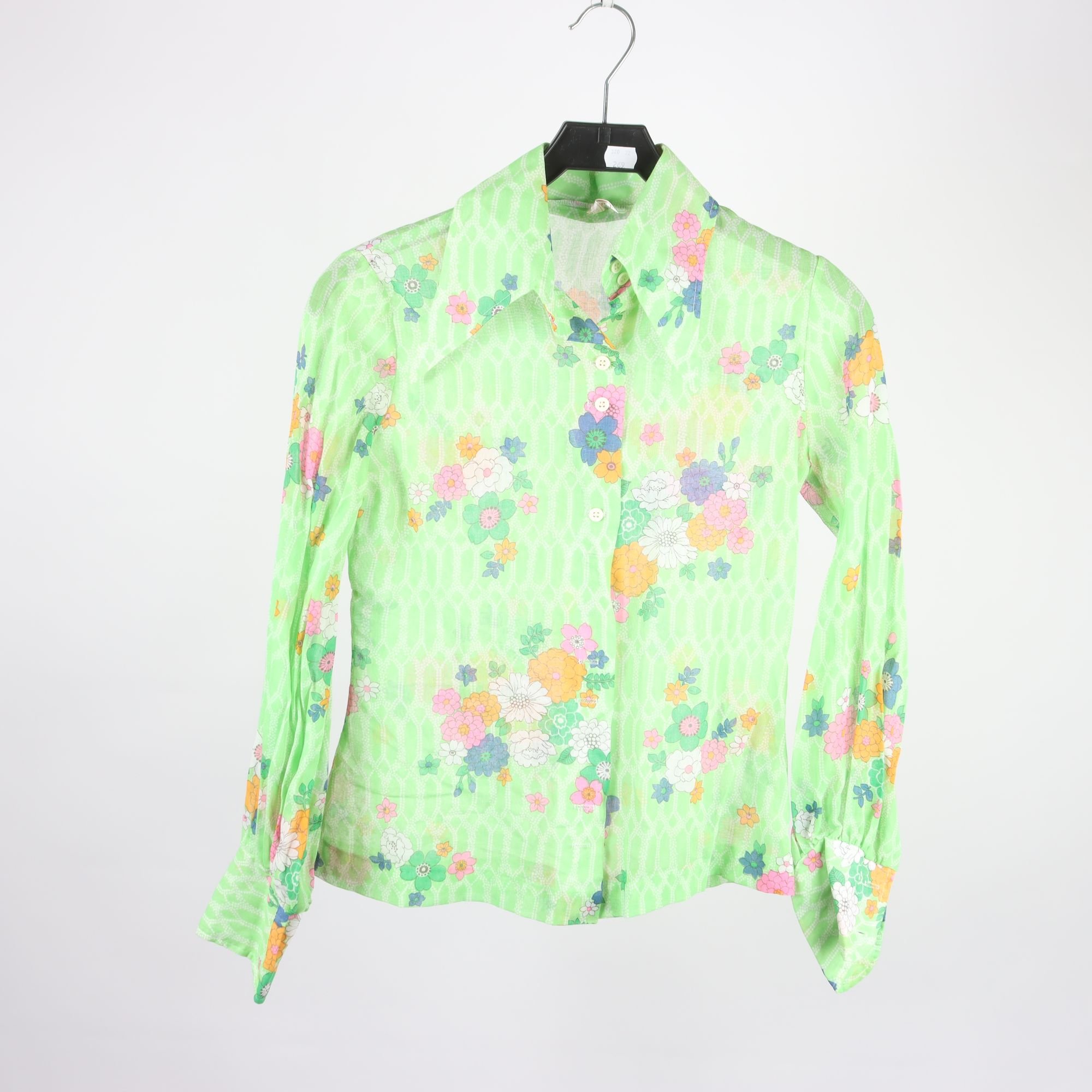 Blus, Okänd, blommig, grön, rosa, retro, stl. ca. XS.