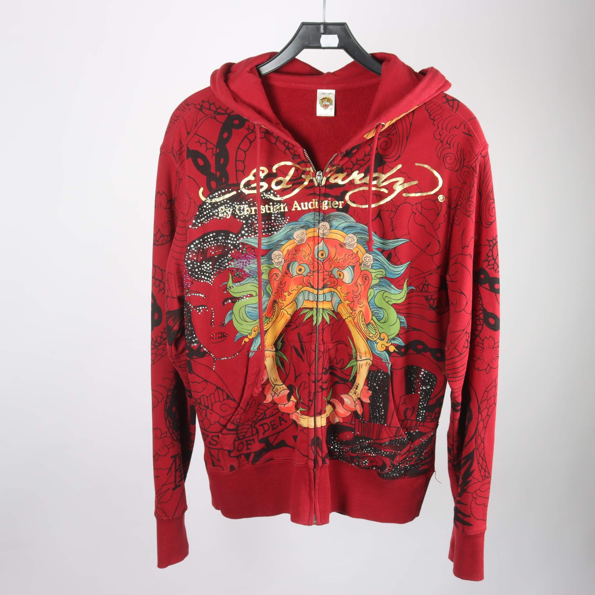 Hoodie, Ed Hardy, möänstrad, vinröd, stl. S.