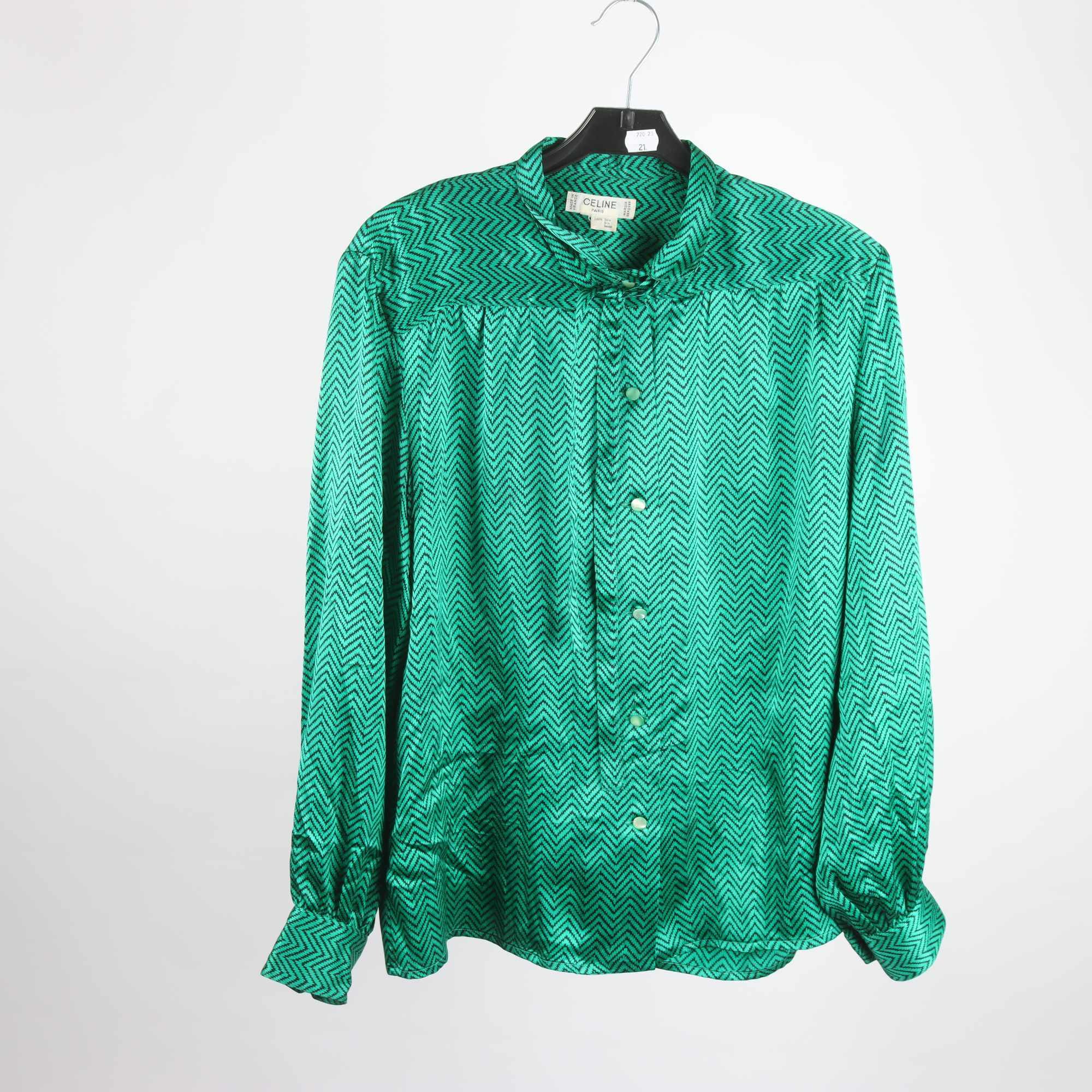 Blus, Celine Paris, grön, svart, 100% silke, stl ca. M