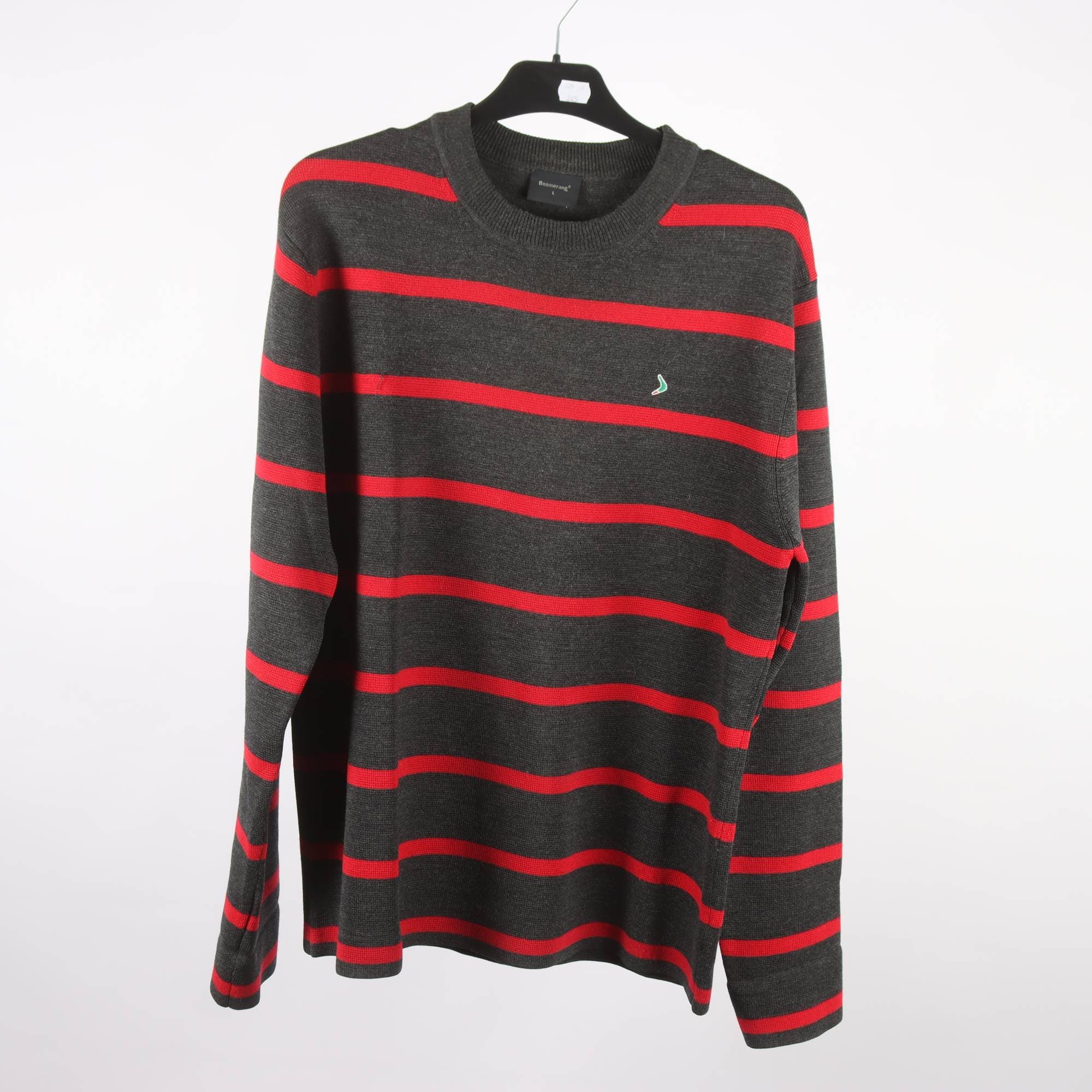 Tröja, Boomerang, randig, röd, grå, 100% merino ull, stl. L.