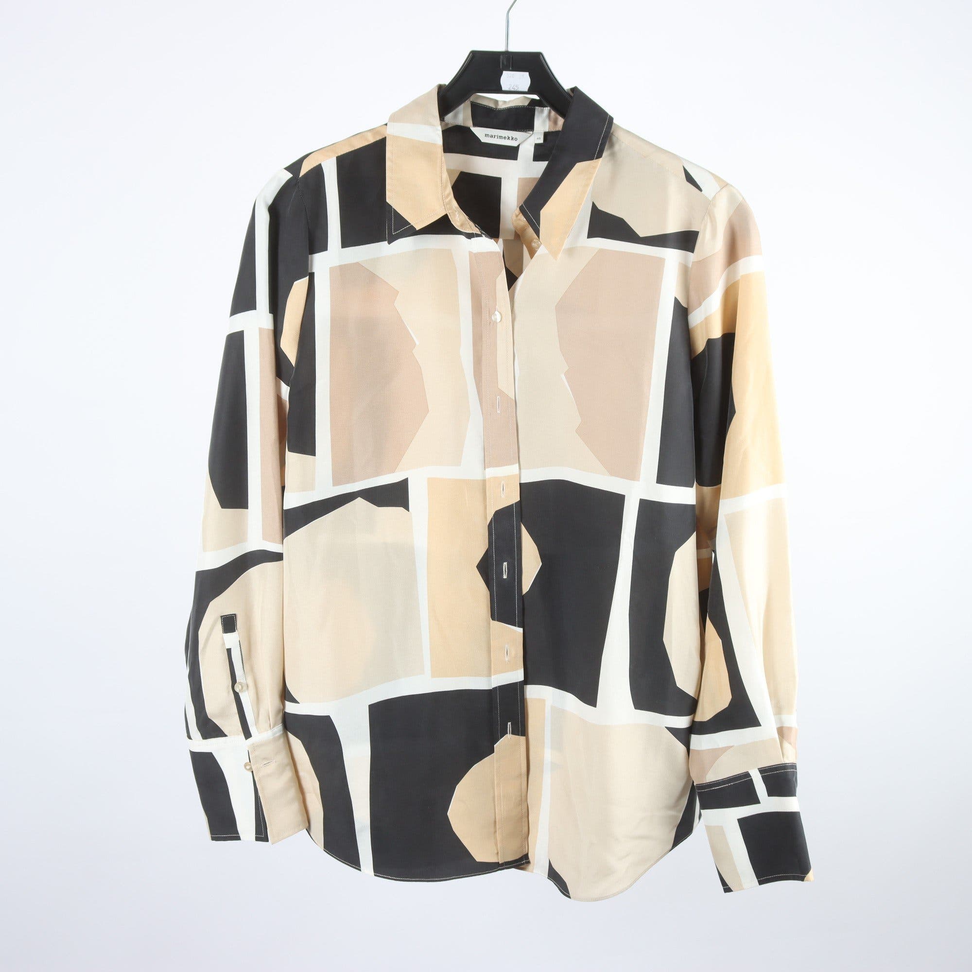 Blus, Marimekko, beige, svart, 100% silke, stl. 40.