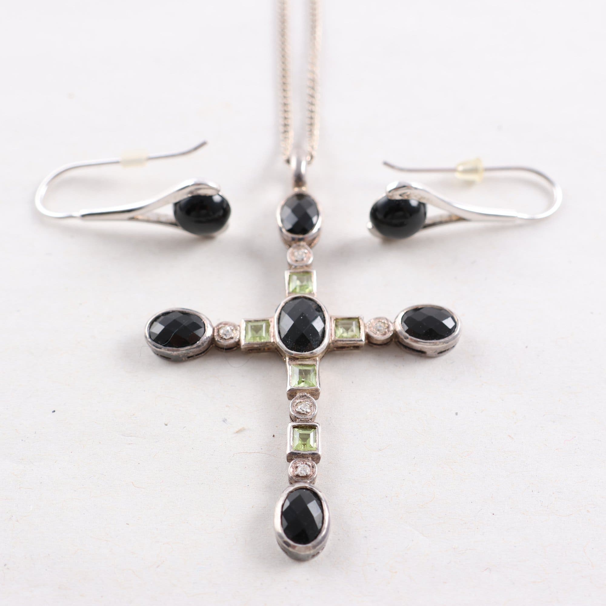 Halsband & örhängen, silver, onyx, glas, brv: 12.5g