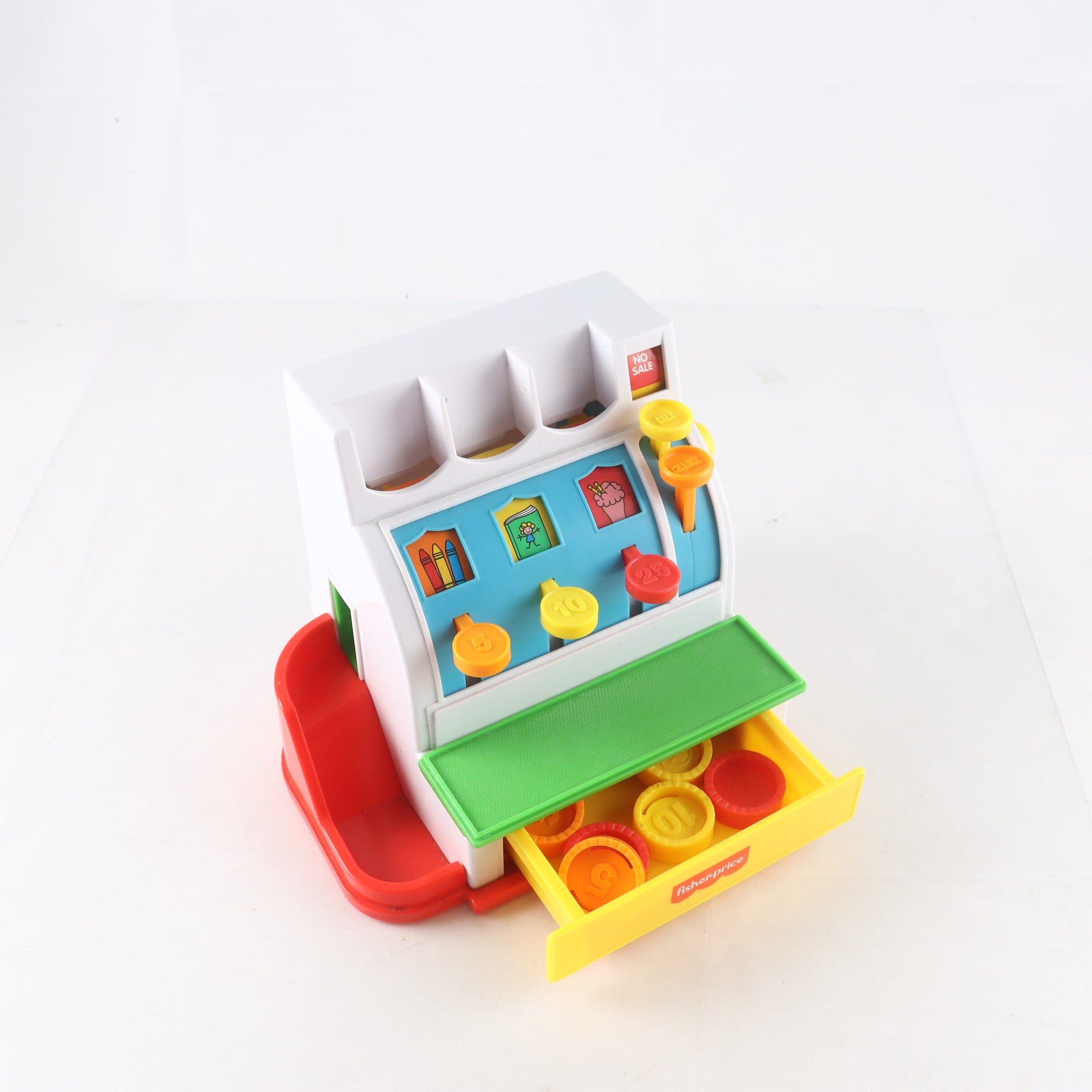 Kassa, Fisher-price, med mynten, retro. Samfraktas ej.