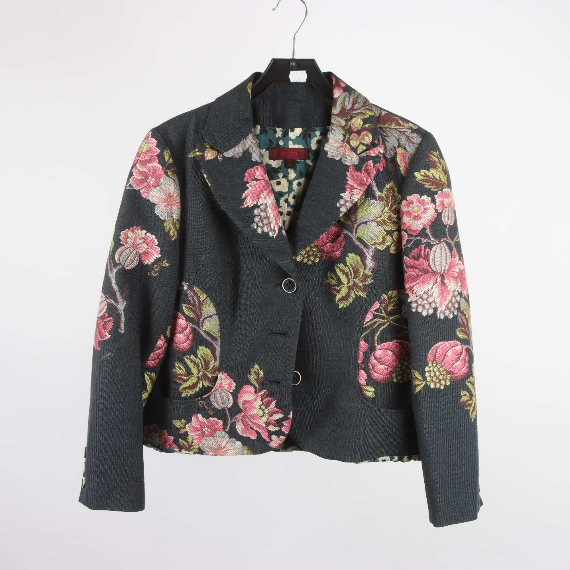 Kavaj, Kenzo, blommig, rosa, blå, ullmix, struktur, stl. 44.