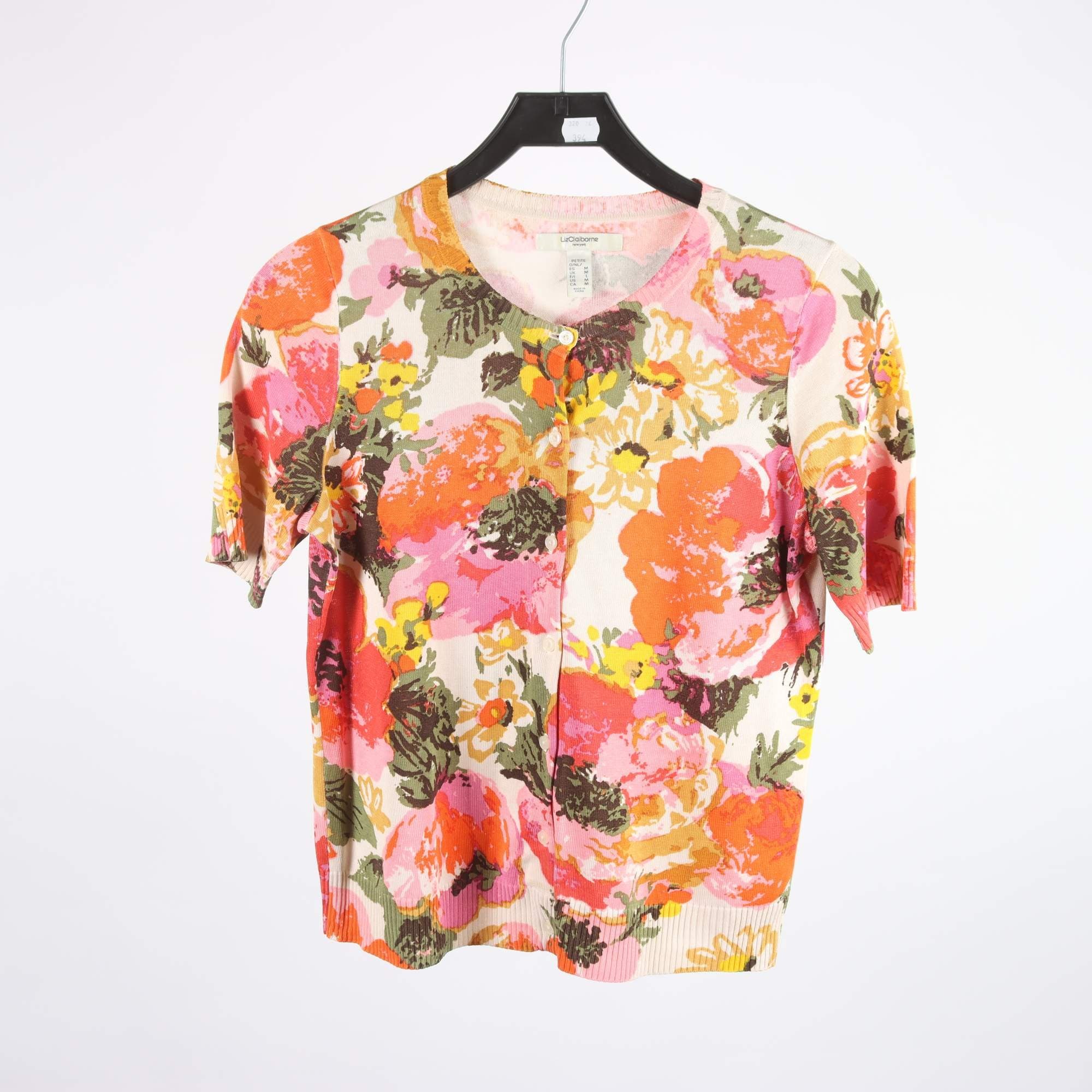 Kofta, Liz Claiborne, blommig, rosa, orange, 76% silke, stl. M.