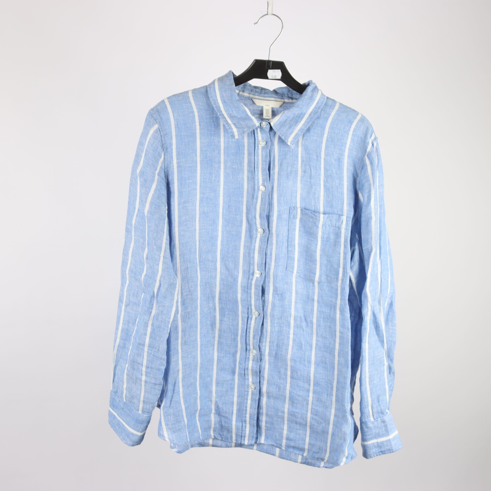 Blus/skjorta, H&M, blå vit, randig, 100% linne, stl. M