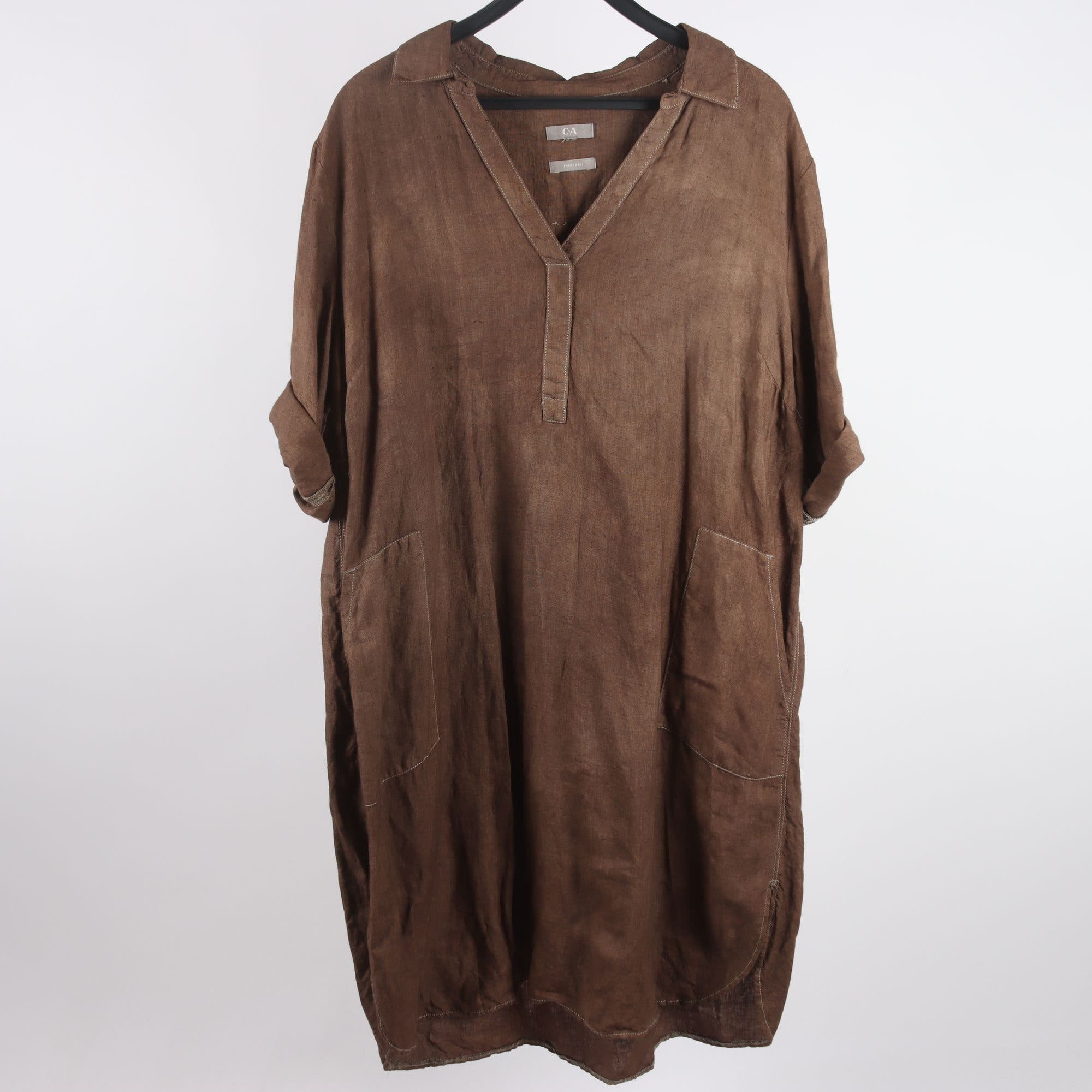 Klänning, C&A, brun, 100% lin, stl. ca. XL-XXL.