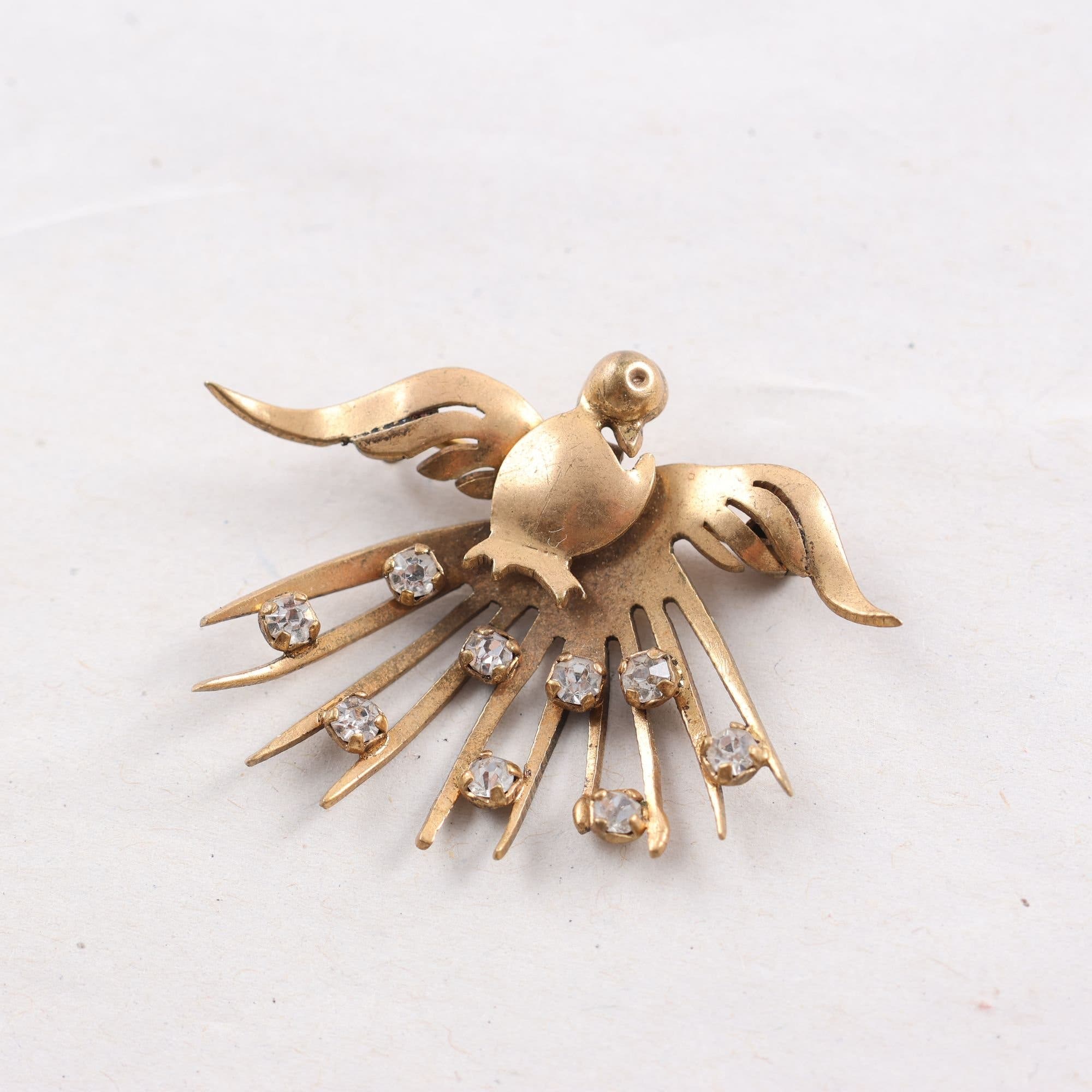 Brosch, vintage, fågel, metall, sten.