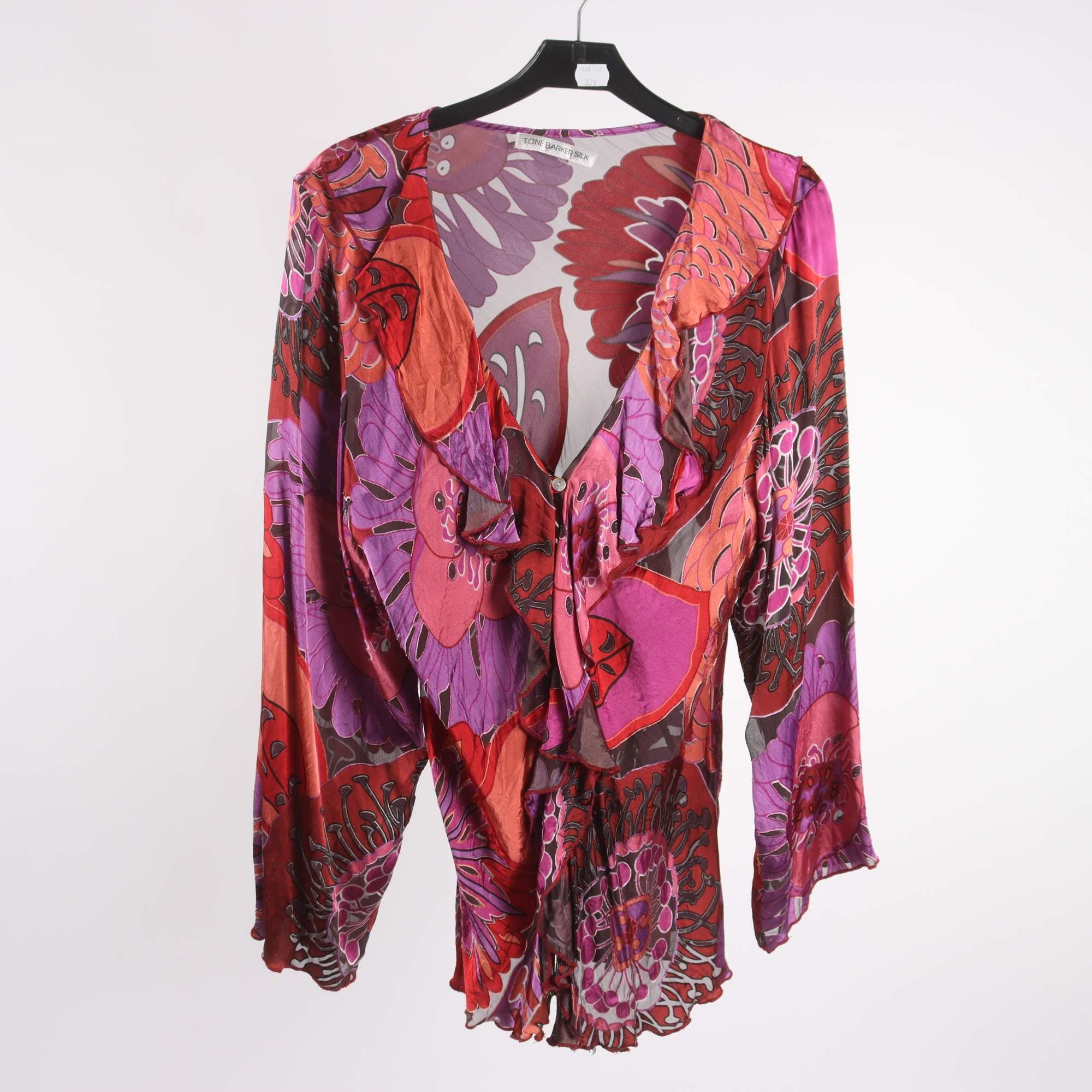 Blus, Tone Barker, lila, vinröd, 40% silke, stl. ca. S.