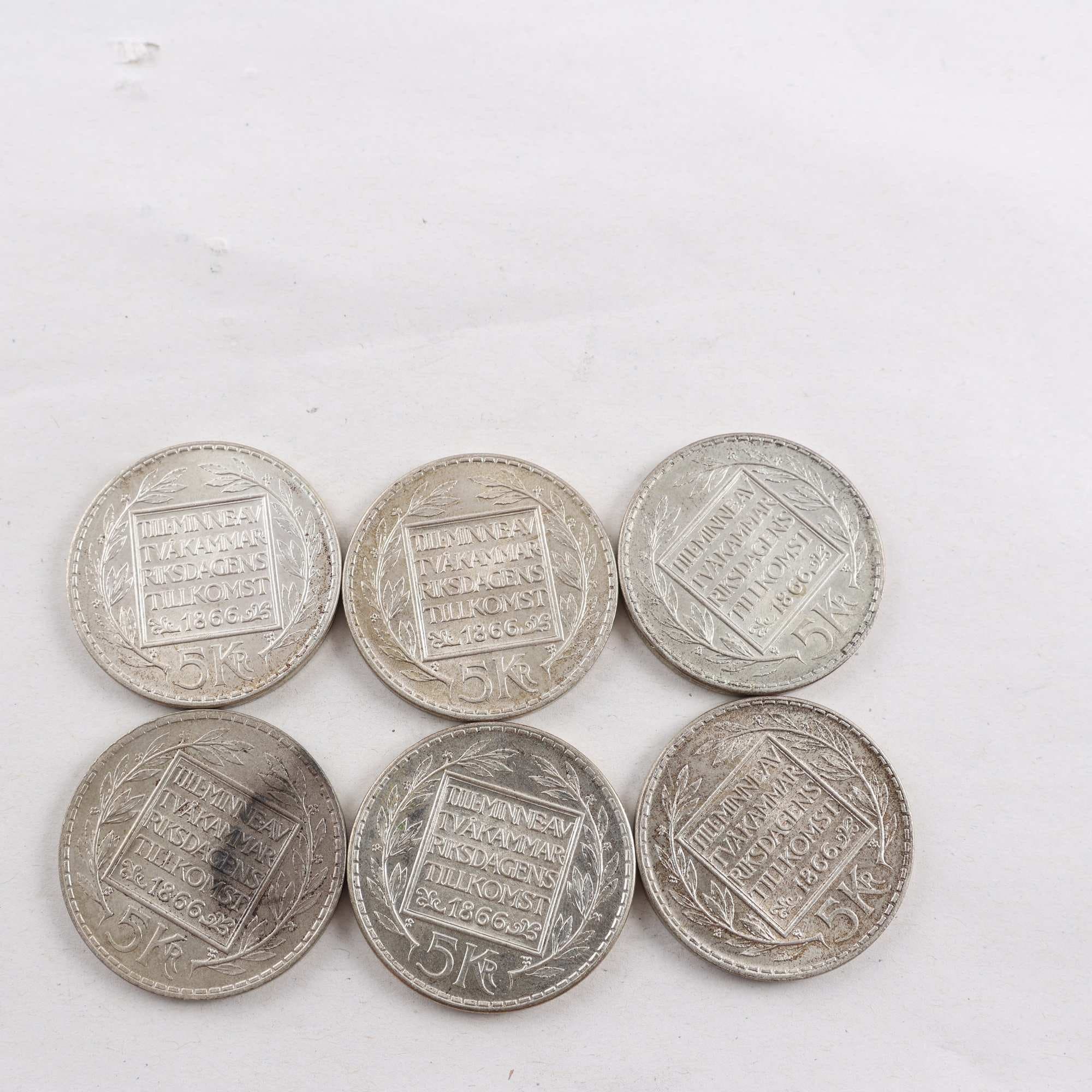 Svenska 5-kronor, 6 st, silver 40%