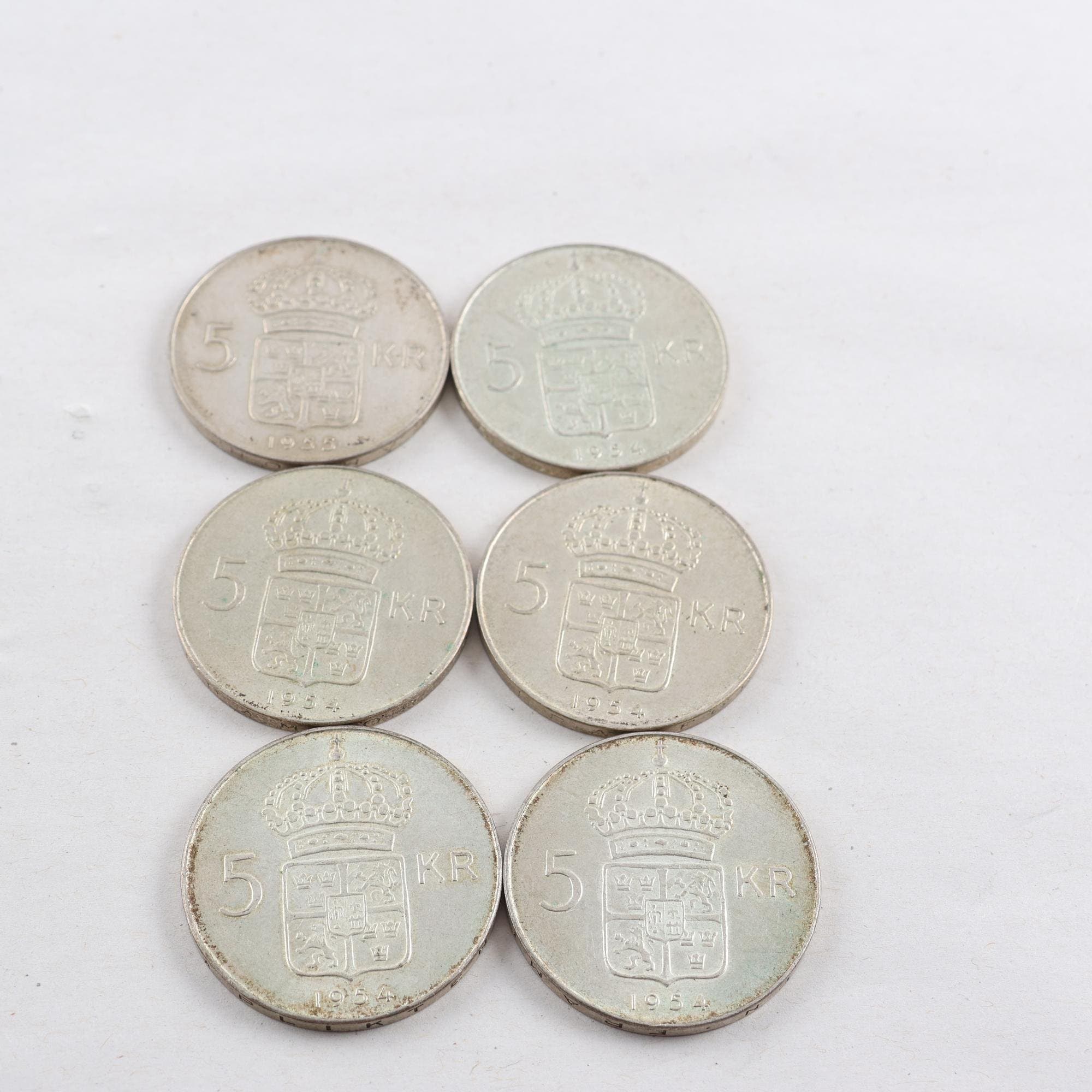 Svenska 5-kronor, 6 st, silver 40%