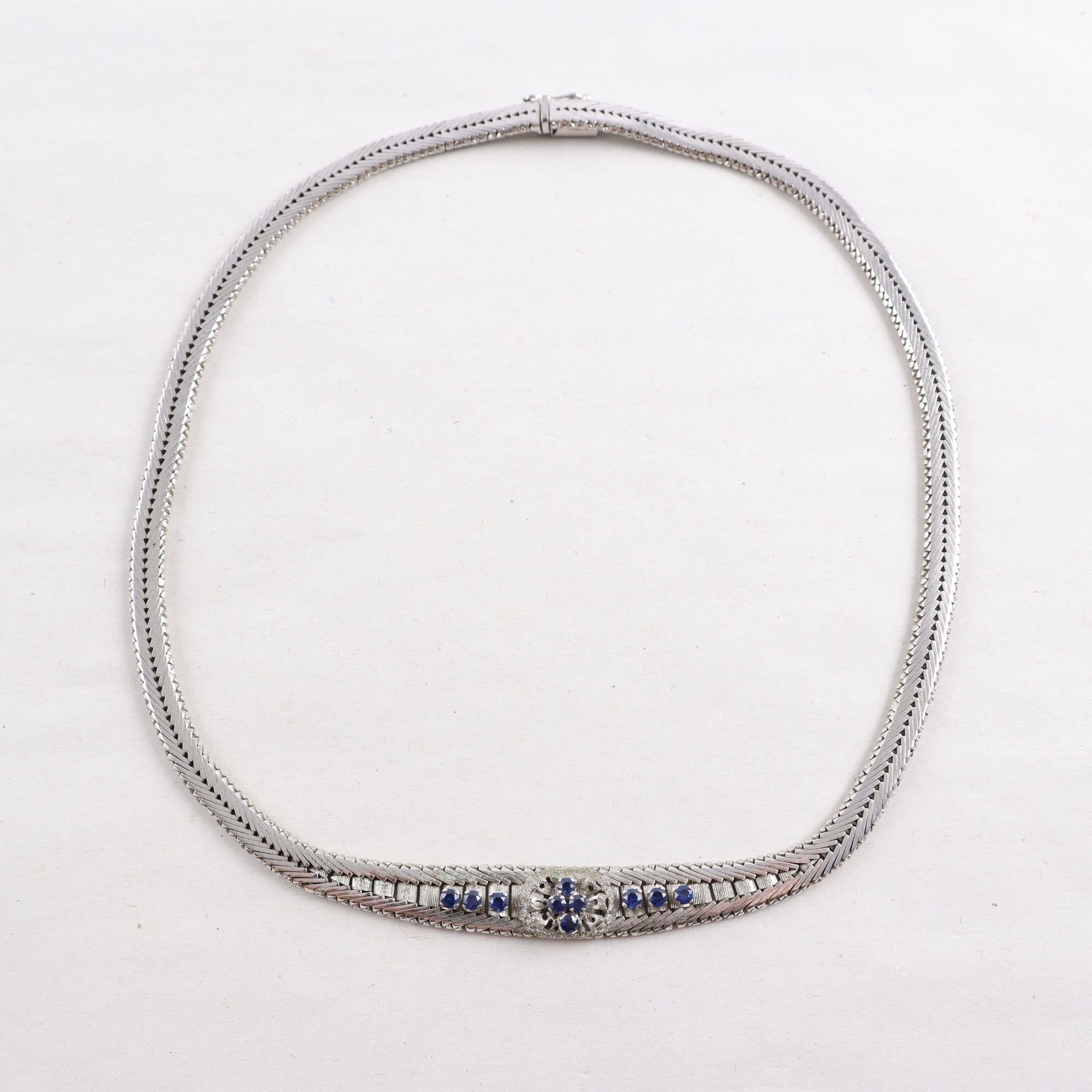 Halsband, collier, silverpläterad 835, blå stenar, vintage