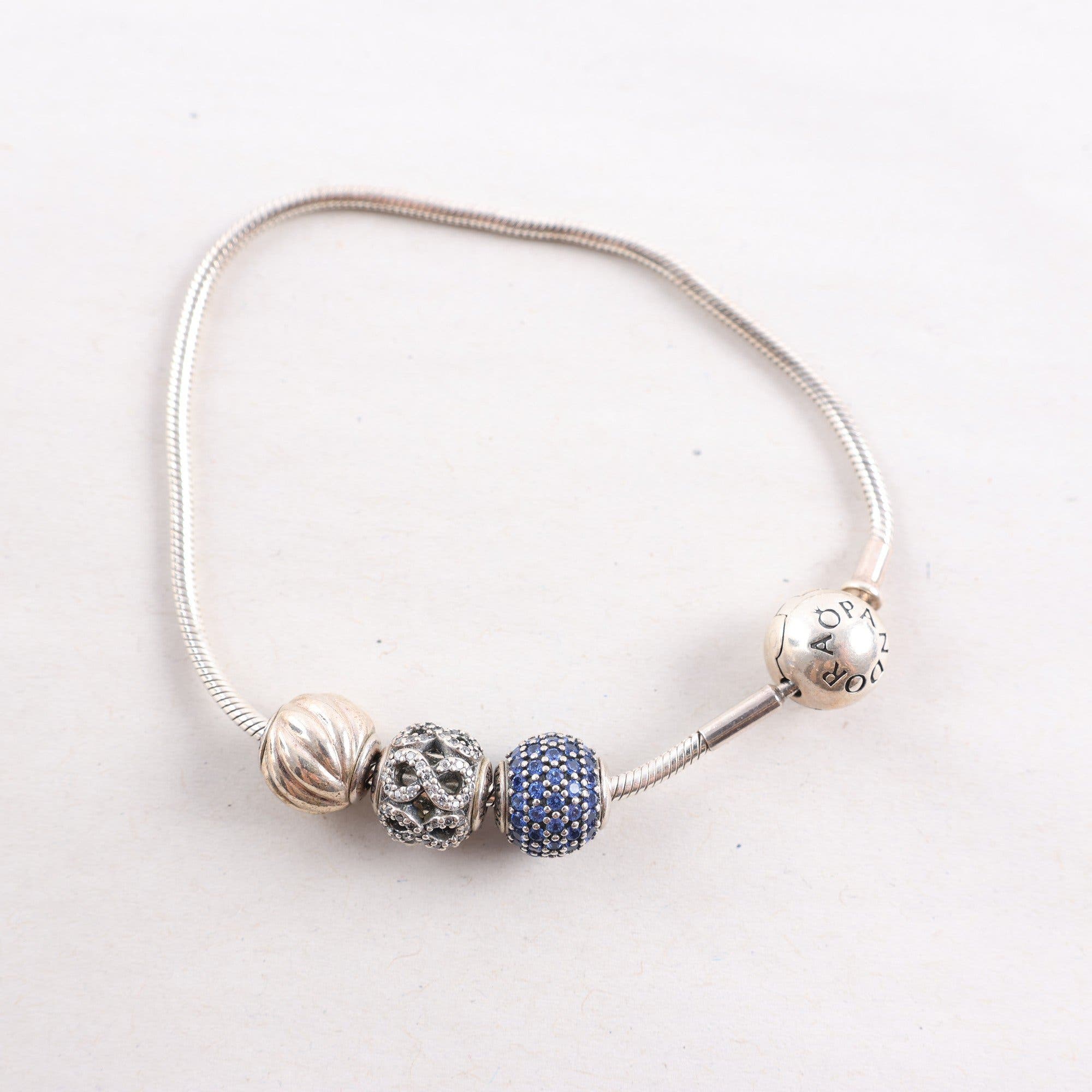 Armband, silver 925, Pandora, berlocker, stenar