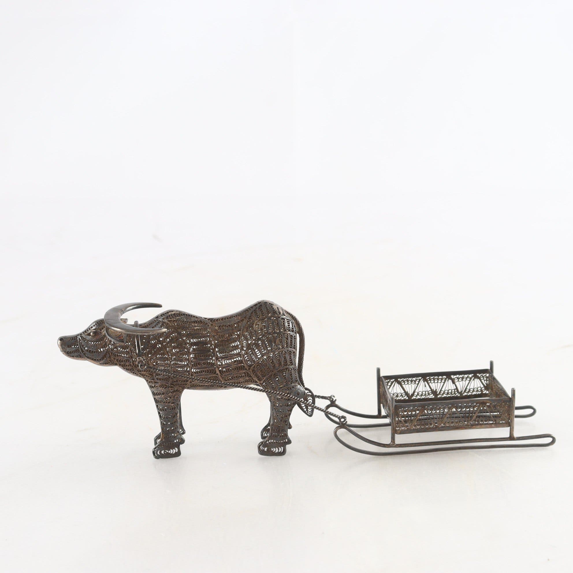 Figurin, vattenbuffel med vagn, Silver 950, 925. Asien