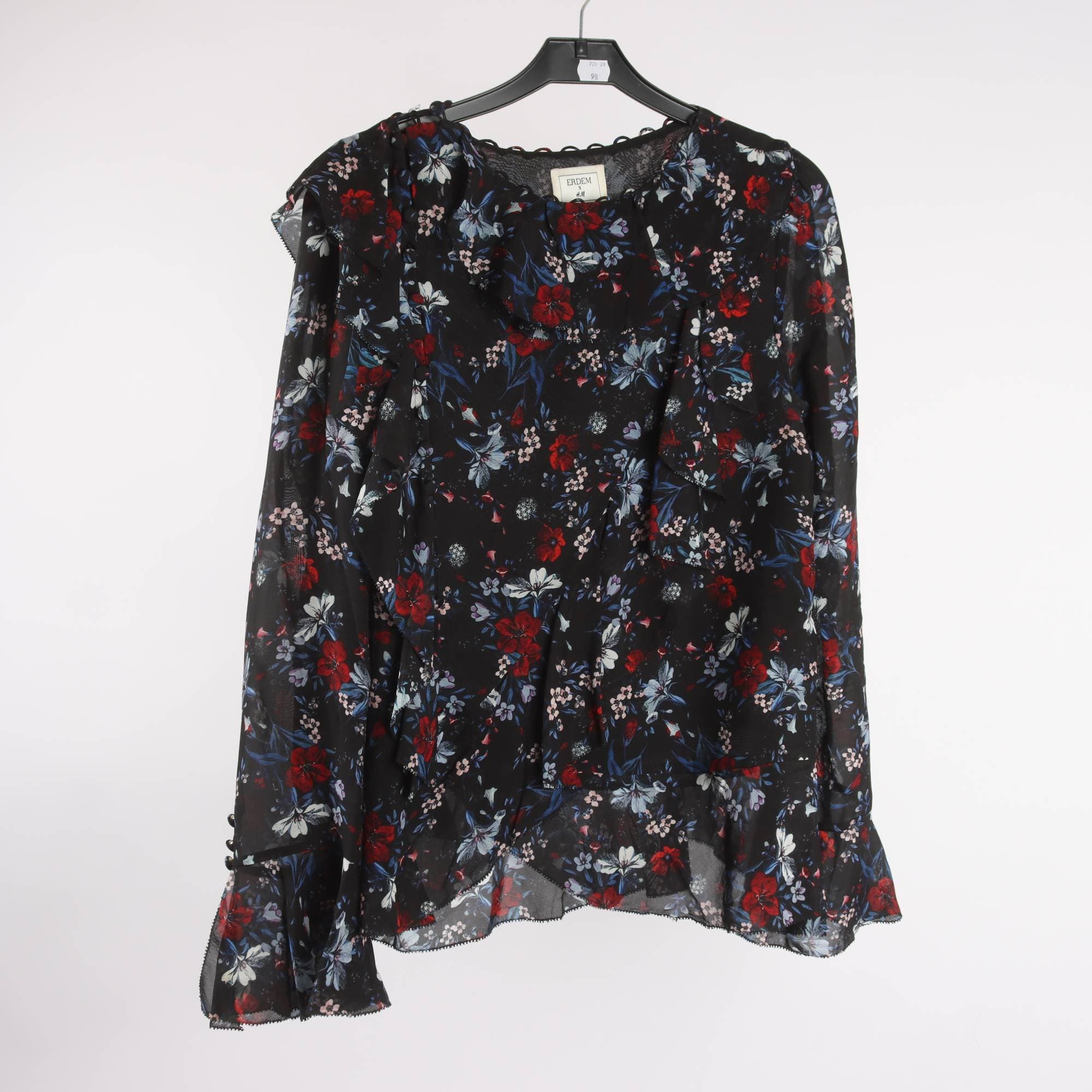 Blus, Erdem x H&M, svart, blommig, stl. 38