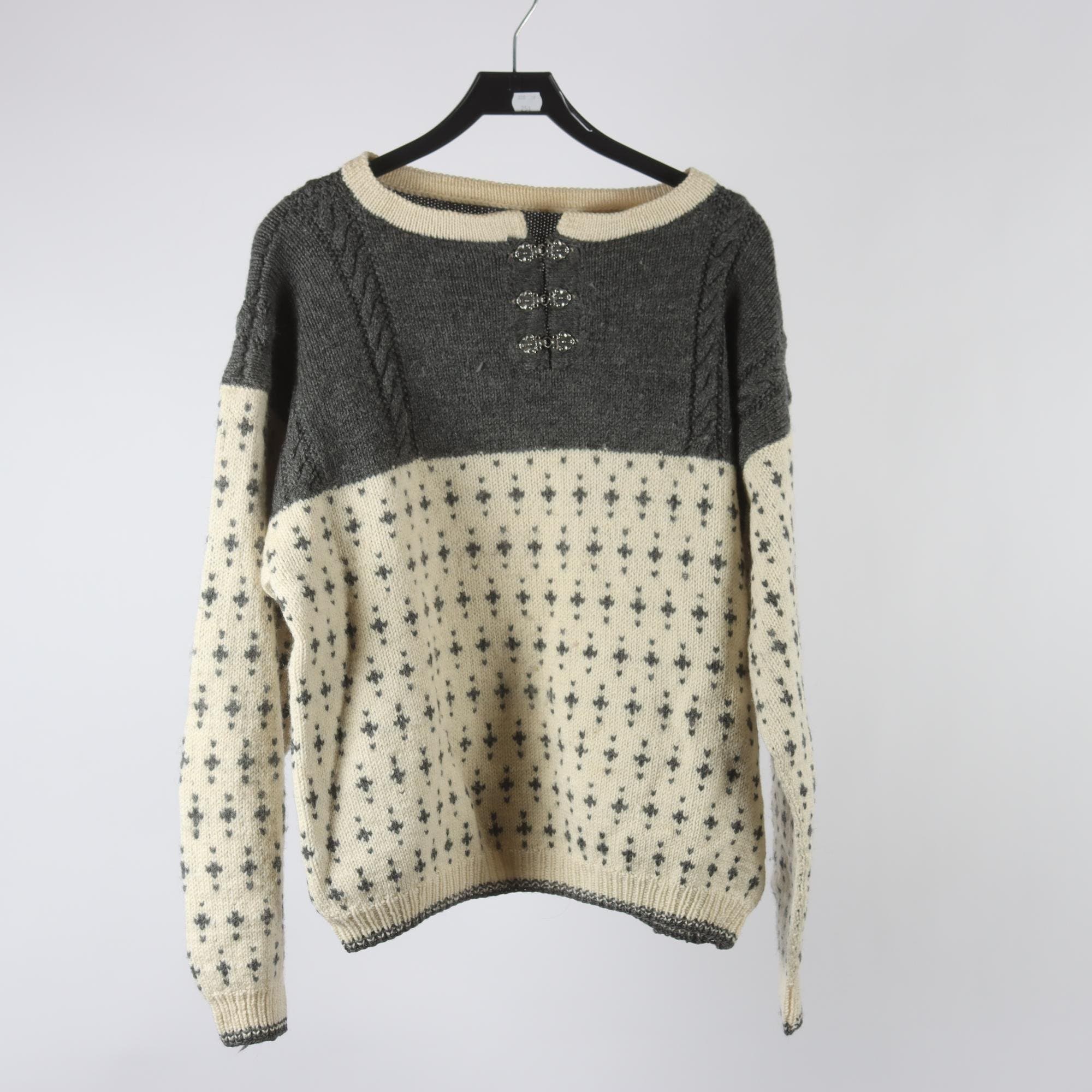 Tröja, Okänd, beige, grå, 100% ull, stl. ca. L.