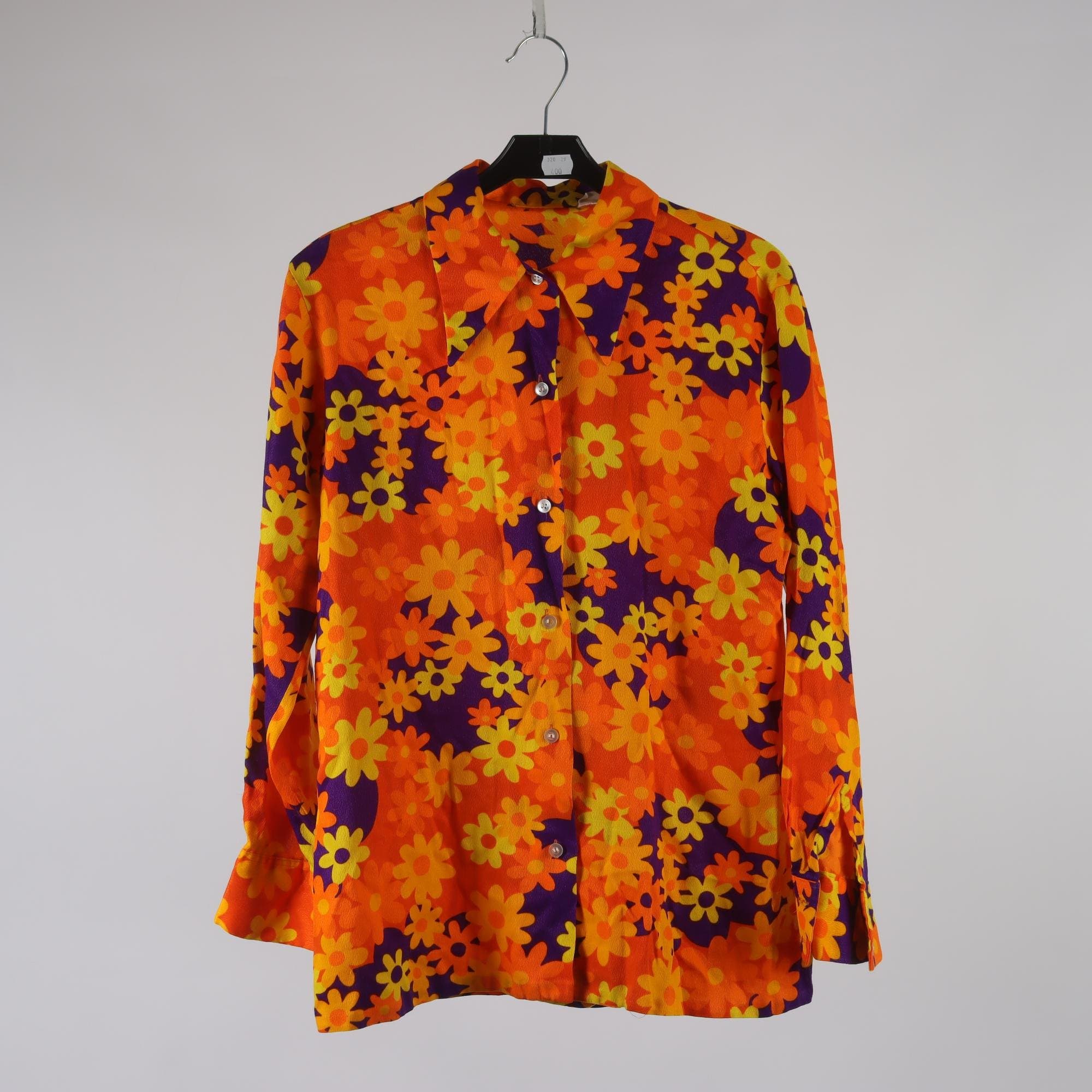 Blus, Okänd, blommig, lila, orange, gul, retro, stl. ca. S.