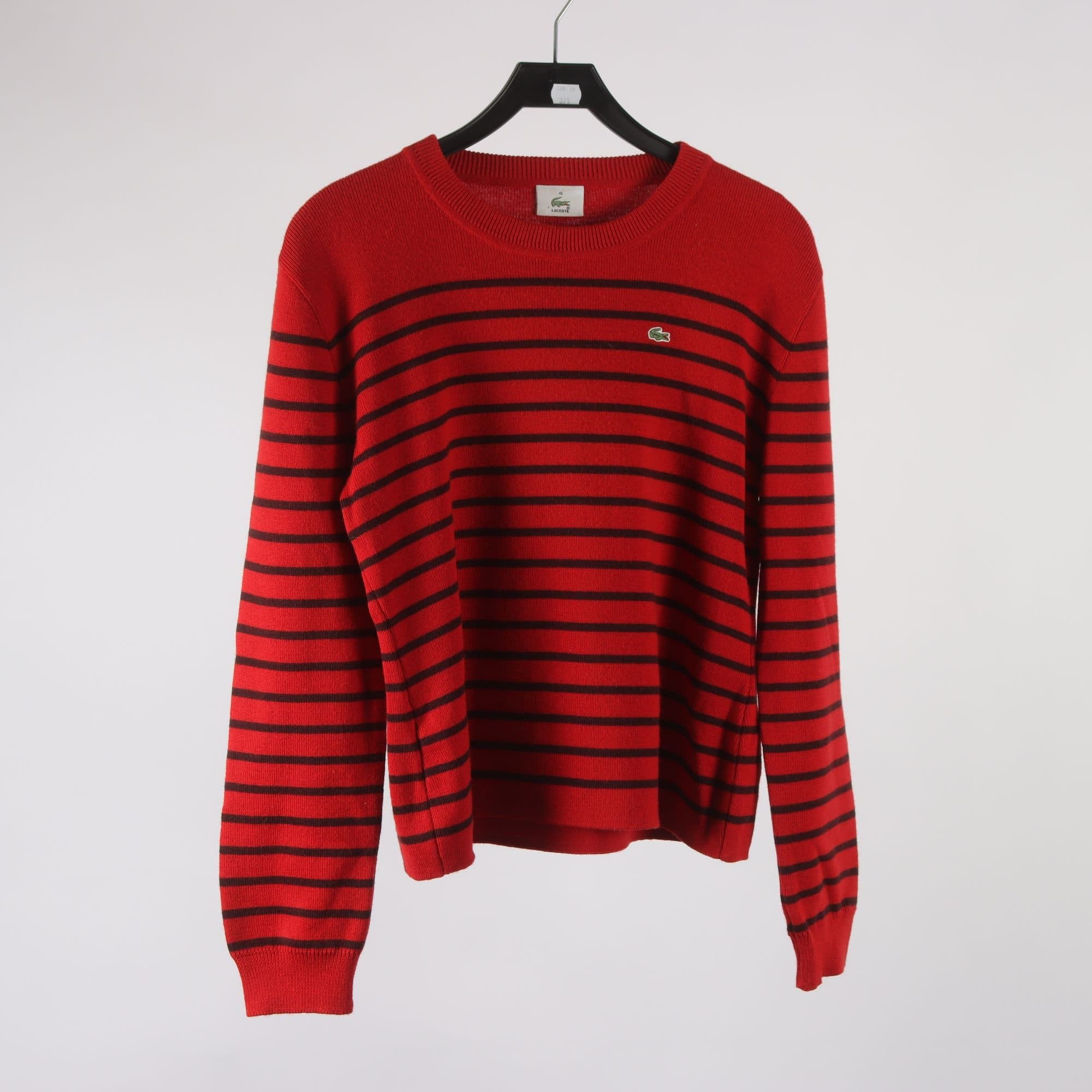 Tröja, Lacoste, randg, röd, svart, 50% ull, stl. 46.