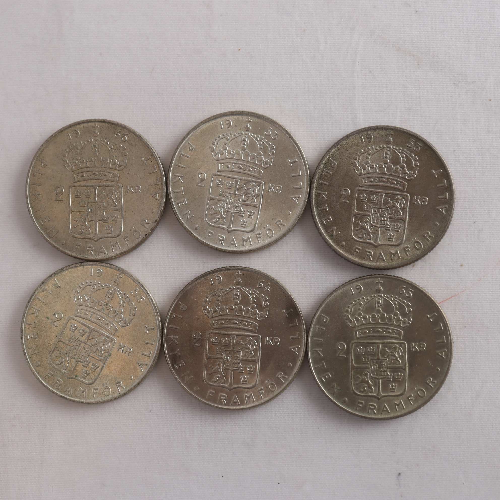 Svenska 2-kronor, 6 st, silver 40%