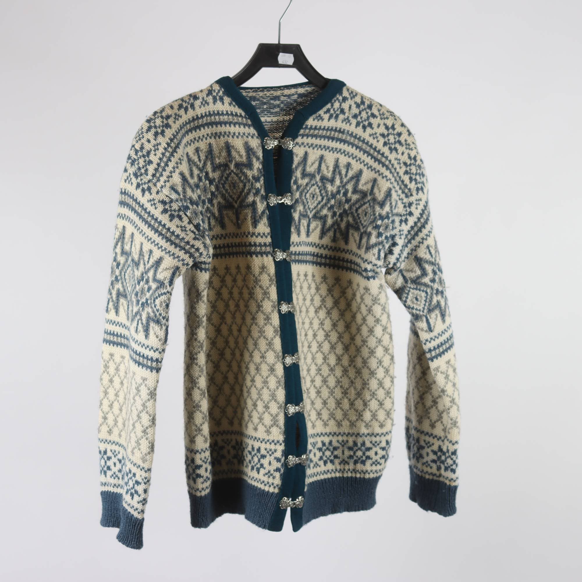 Kofta, Okänd, blå, offwhite, 100% ull, stl. ca. M.