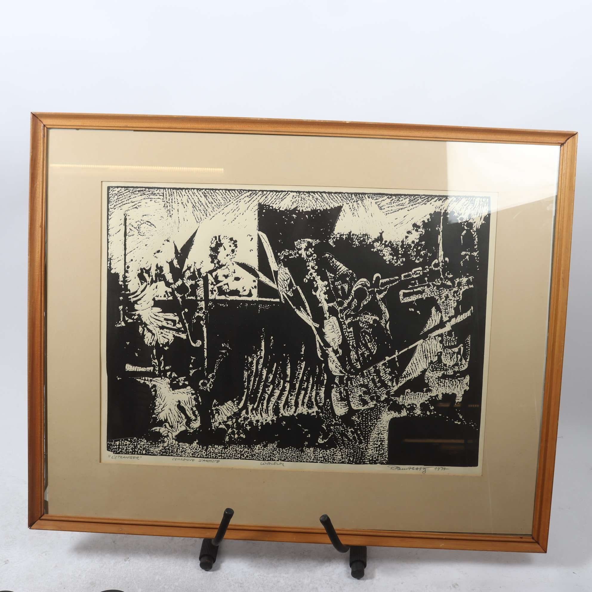 Linoleumtryck, LÉtranger, Palle Louis Nielsen, signerad, 1974 Endast avhämtning