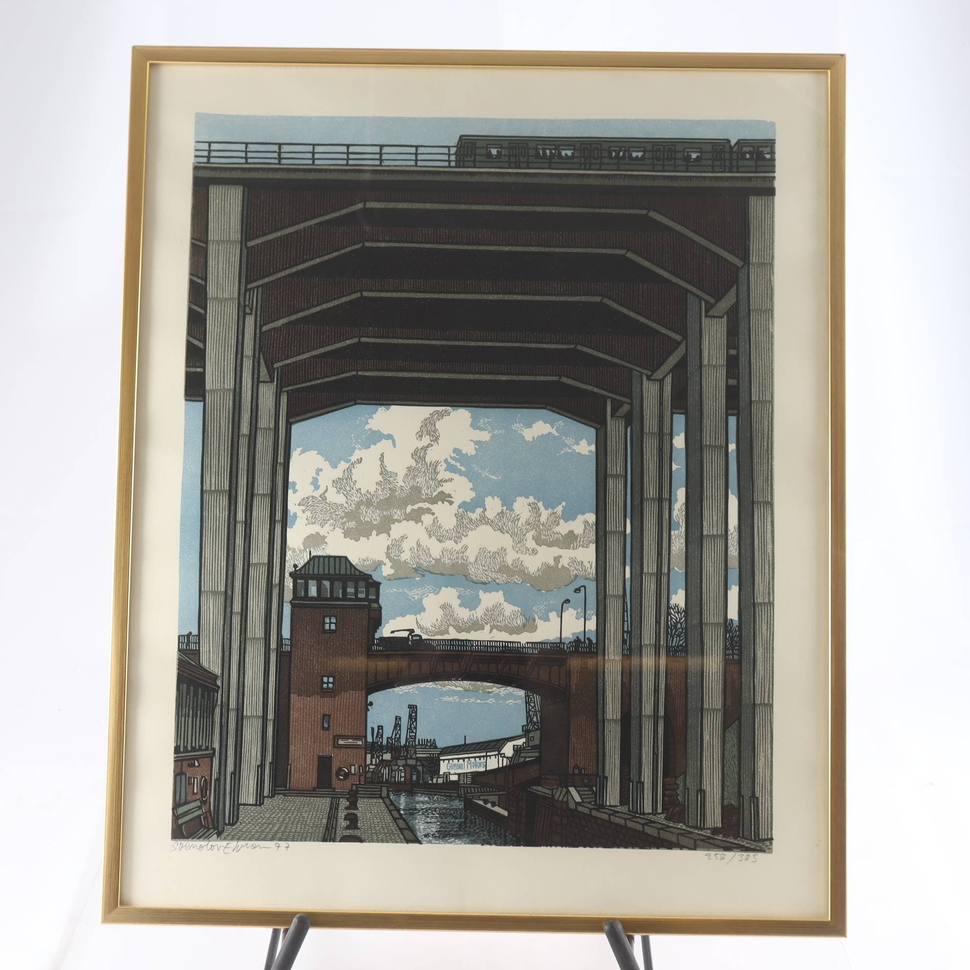 Färglitografi, Hammarbyslussen, Svenolov Ehrén, 258/385, 1977. Endast avhämtning