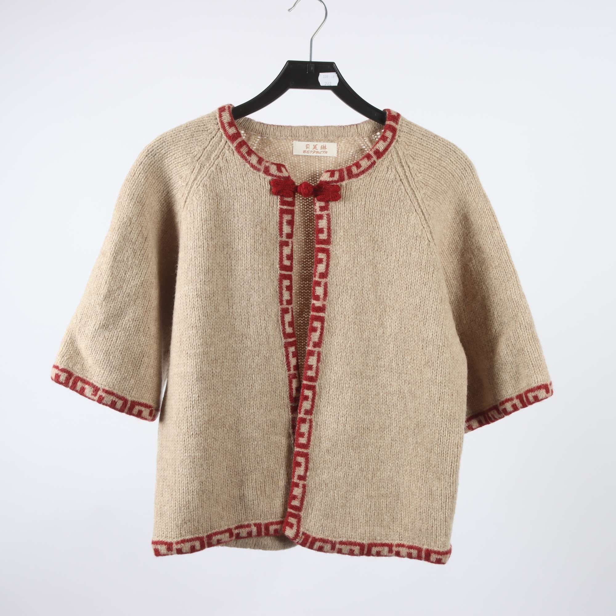 Kofta, Okänd, beige, vinröd, 100% ull, stl ca. S.