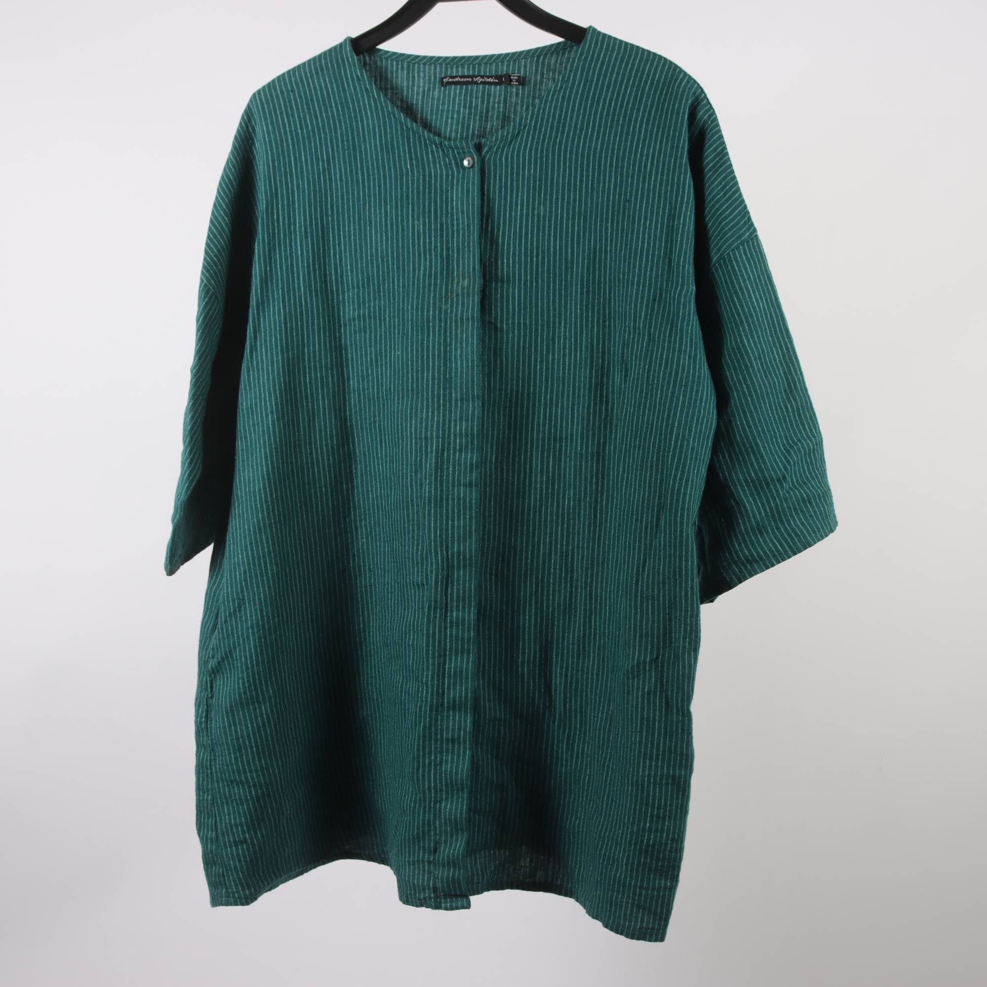 Blus/tunika, Gudrun Sjödén, randig, grön, 100% lin, stl. L.