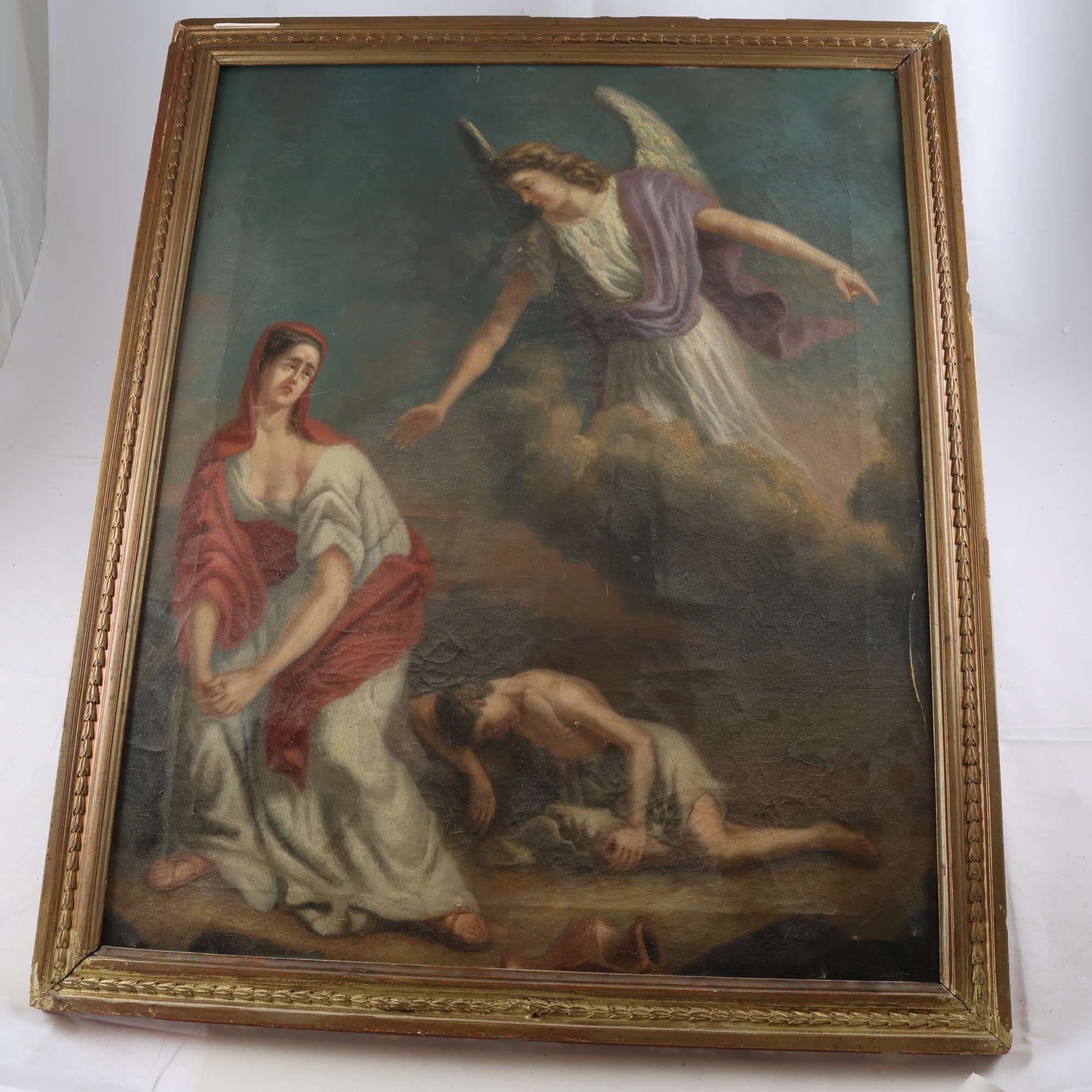 Olja på duk, Hagar och Ismael räddas av ängeln, 1800-tal. Endast avhämtning.