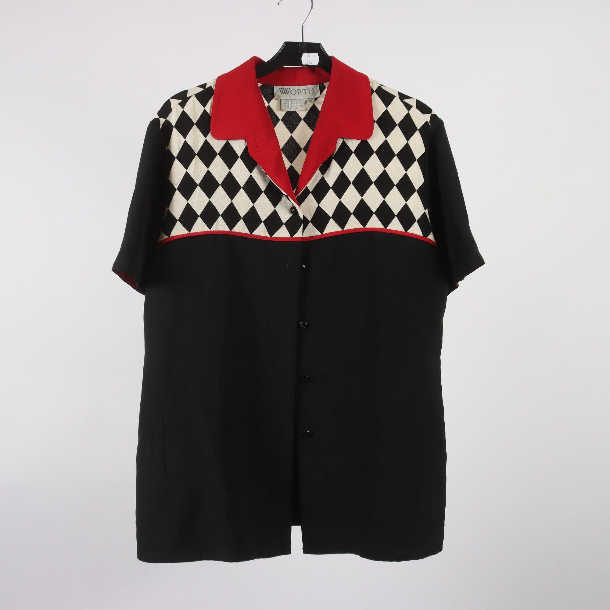 Blus, Worth, svart, röd, 100% silke, retro, stl. ca. M/L.