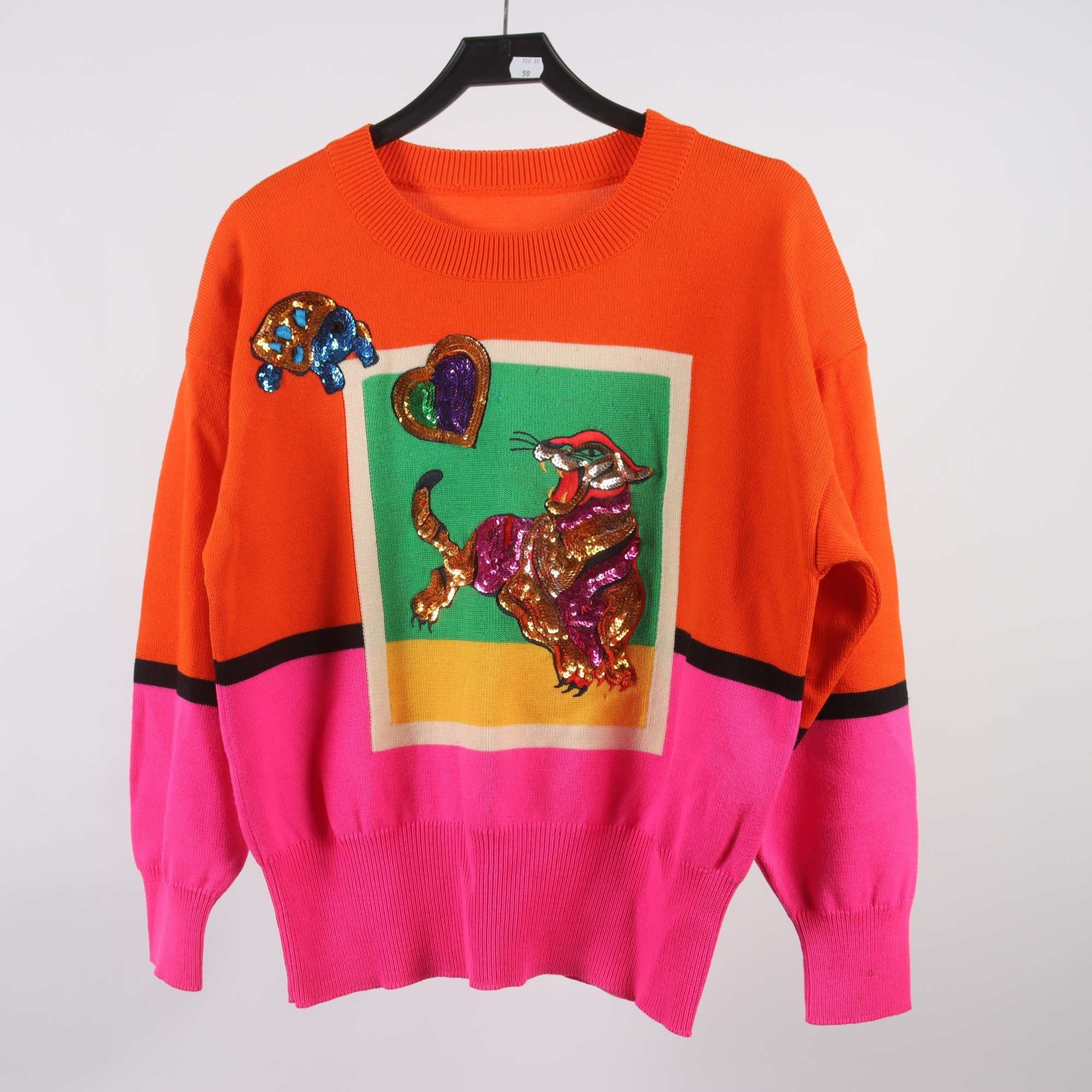 Tröja, vintage, Okänt, orange, rosa, paljetter, 100% ull, stl. 36