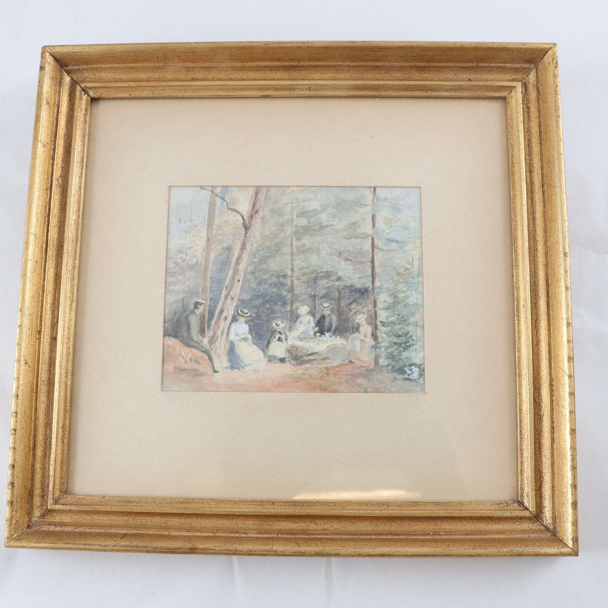 Akvarell, Picknick, oidentifierad konstnär, ca år 1900. Samfraktas ej.