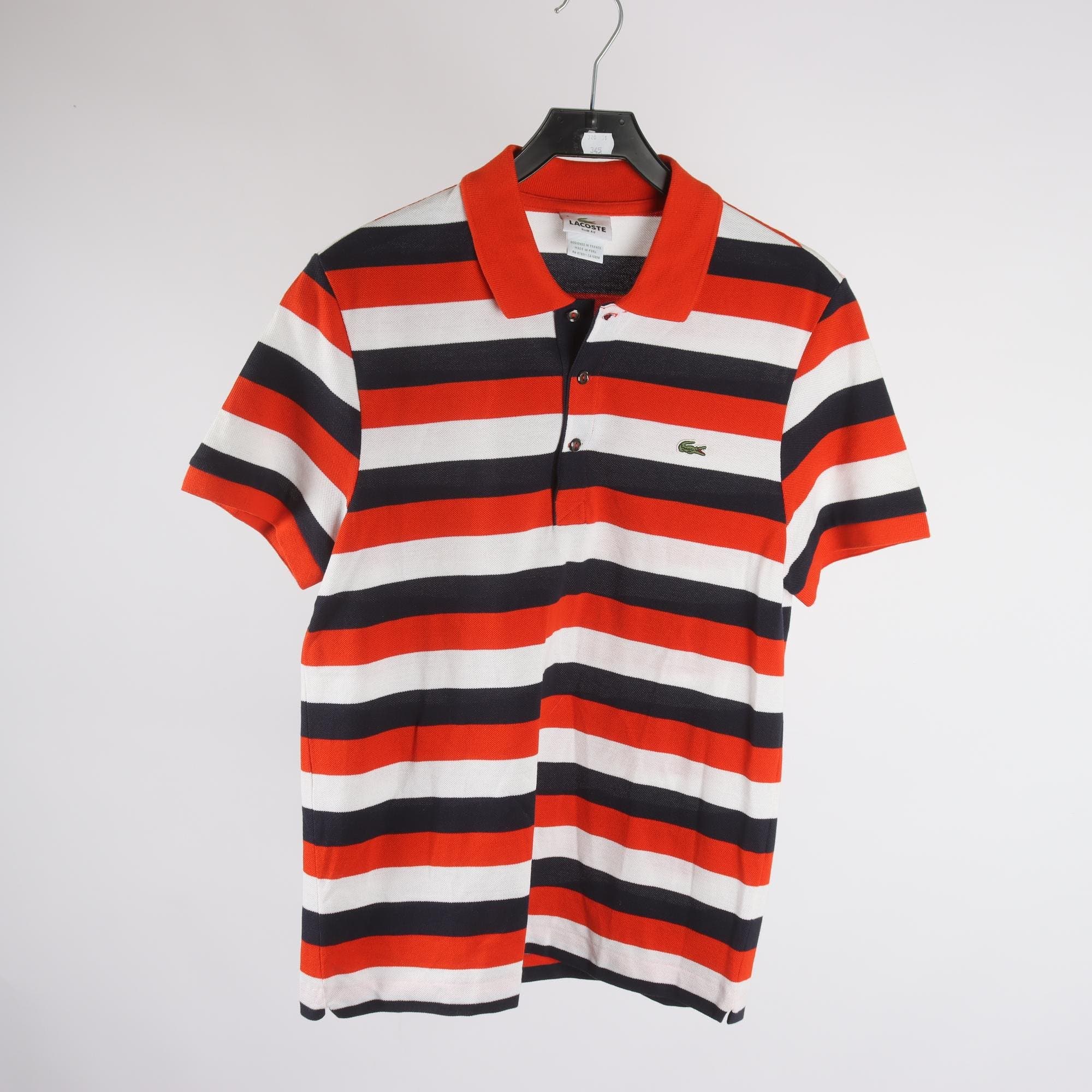 Piké, Lacoste, randig, orange, blå, stl. M.