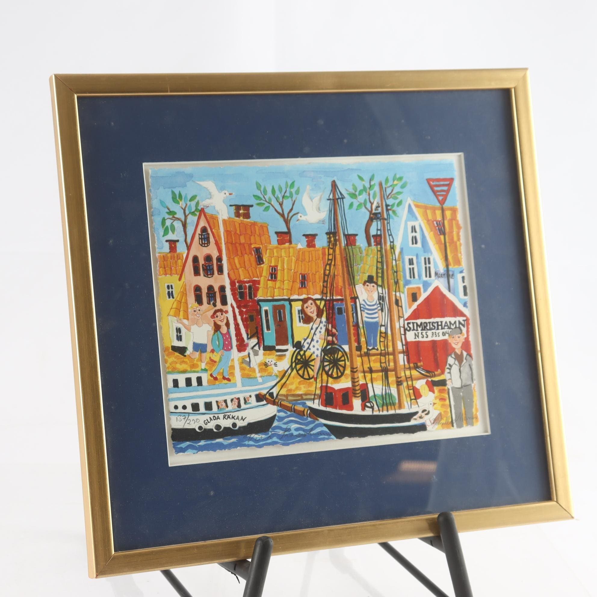 Färglitografi, ”Vår i Simrishamn”, Gunilla Mann, signerad. Samfraktas ej.