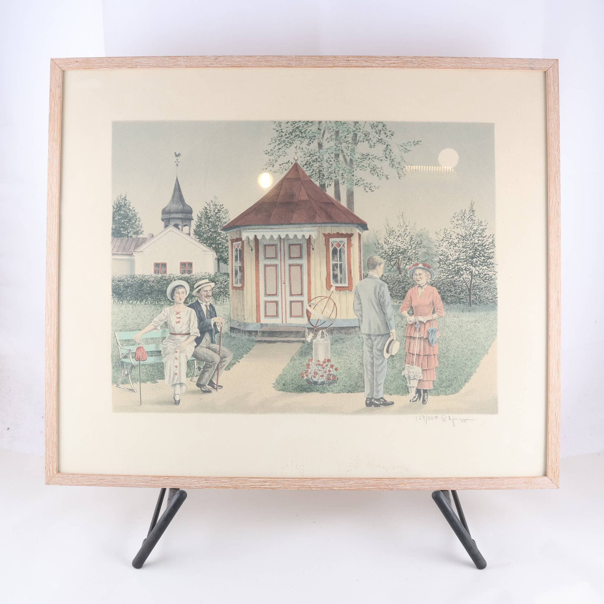 Färglitografi, Möte vid lusthus, Reinhold Ljungren, sign. 129/250. Endast avh.
