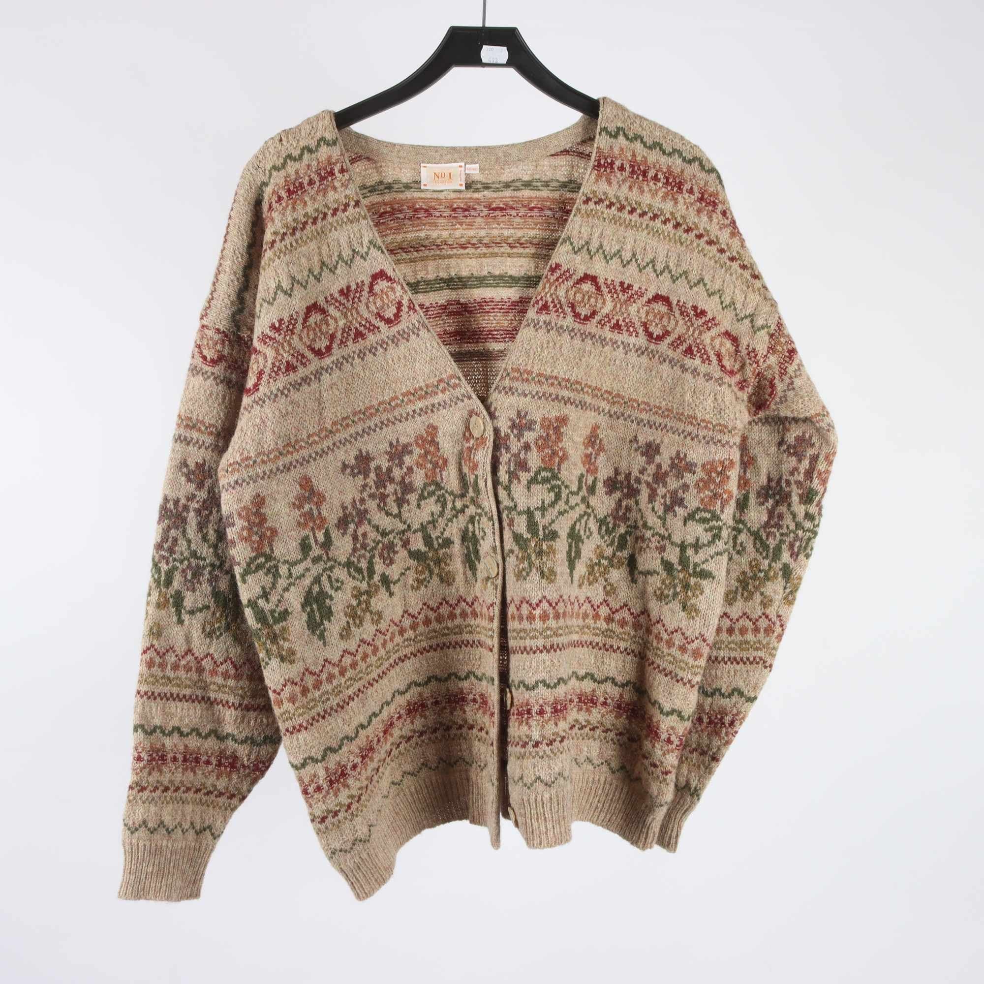 Tröja, No1, KappAhl, beige, vinröd, 100% ull, stl. 46/48.