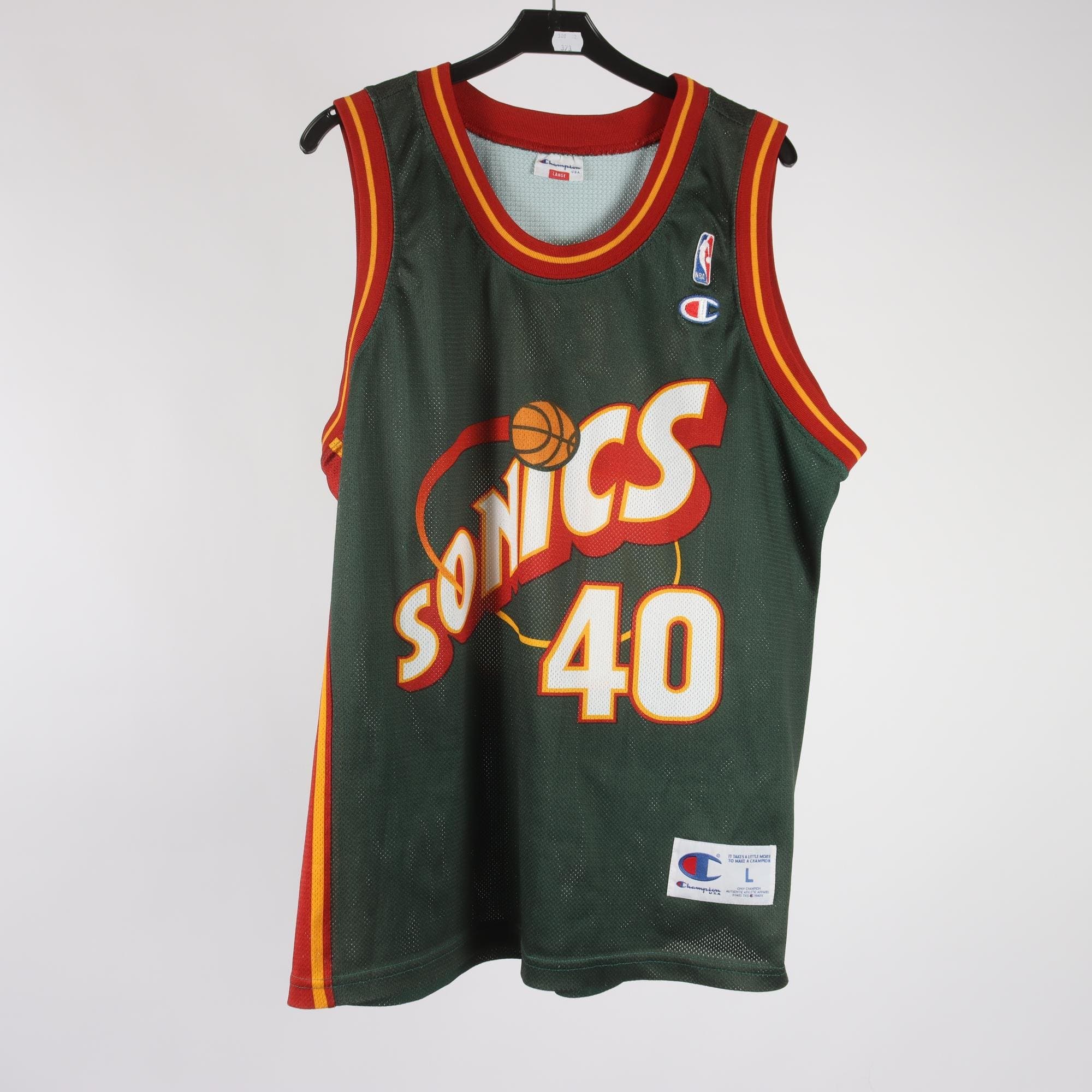 Linne, Champion, NBA, Sonics, Kemp, grön, röd, stl. L.