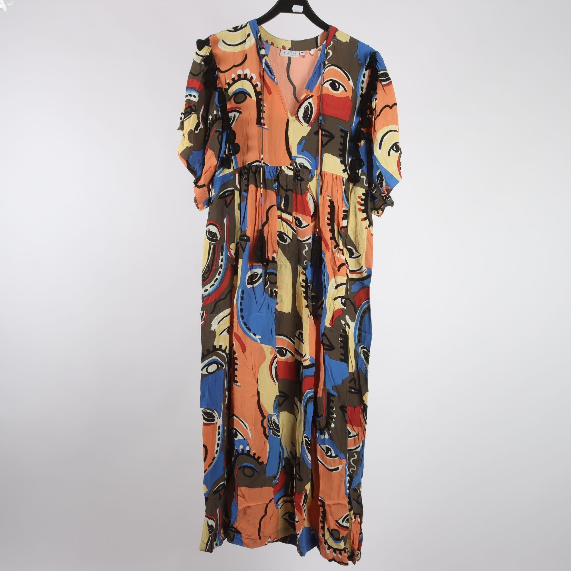 Klänning, Masai, mönstrad, orange, blå, stl. XXL.