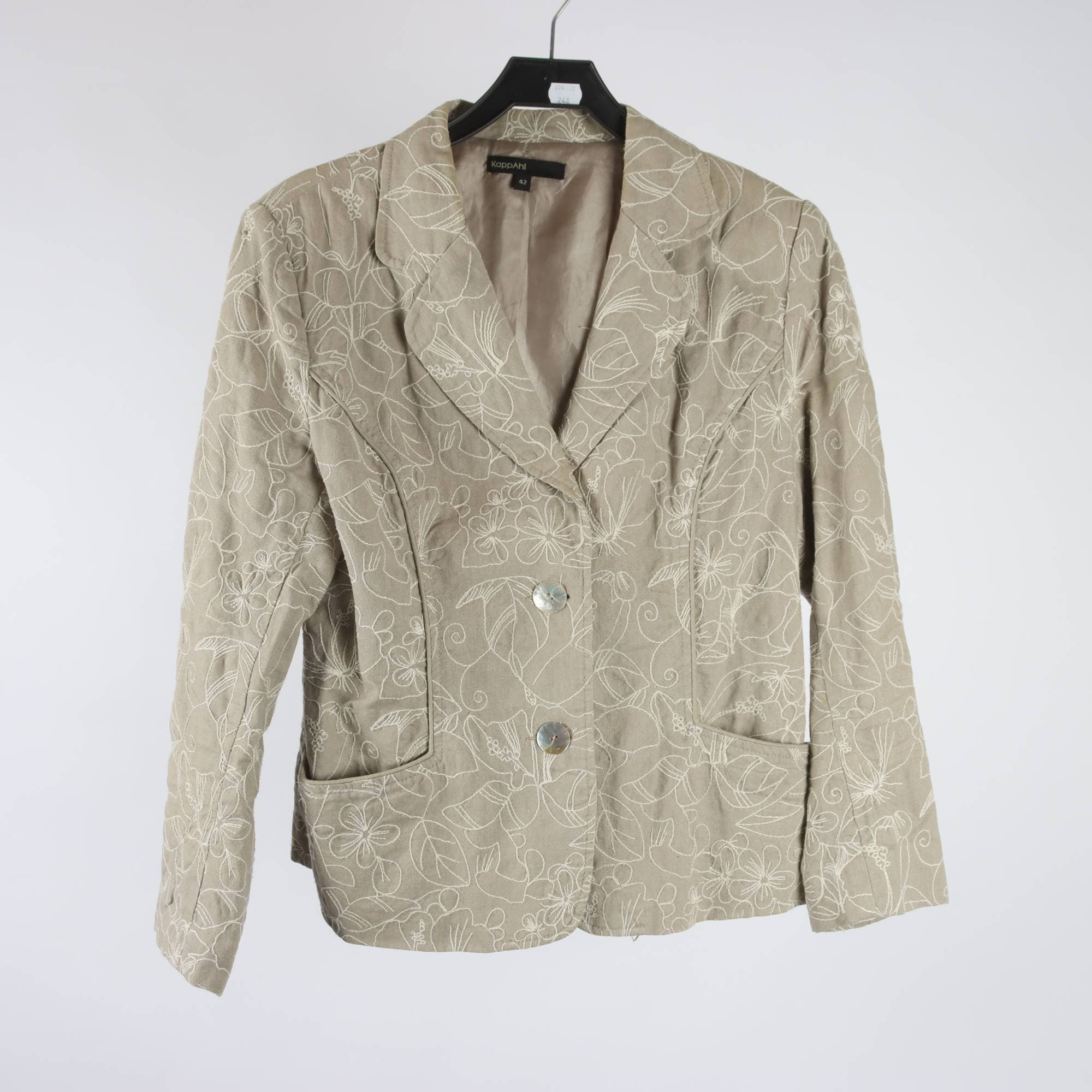 Kavaj, KappAhl, beige, broderad, 55% lin, stl. 42.