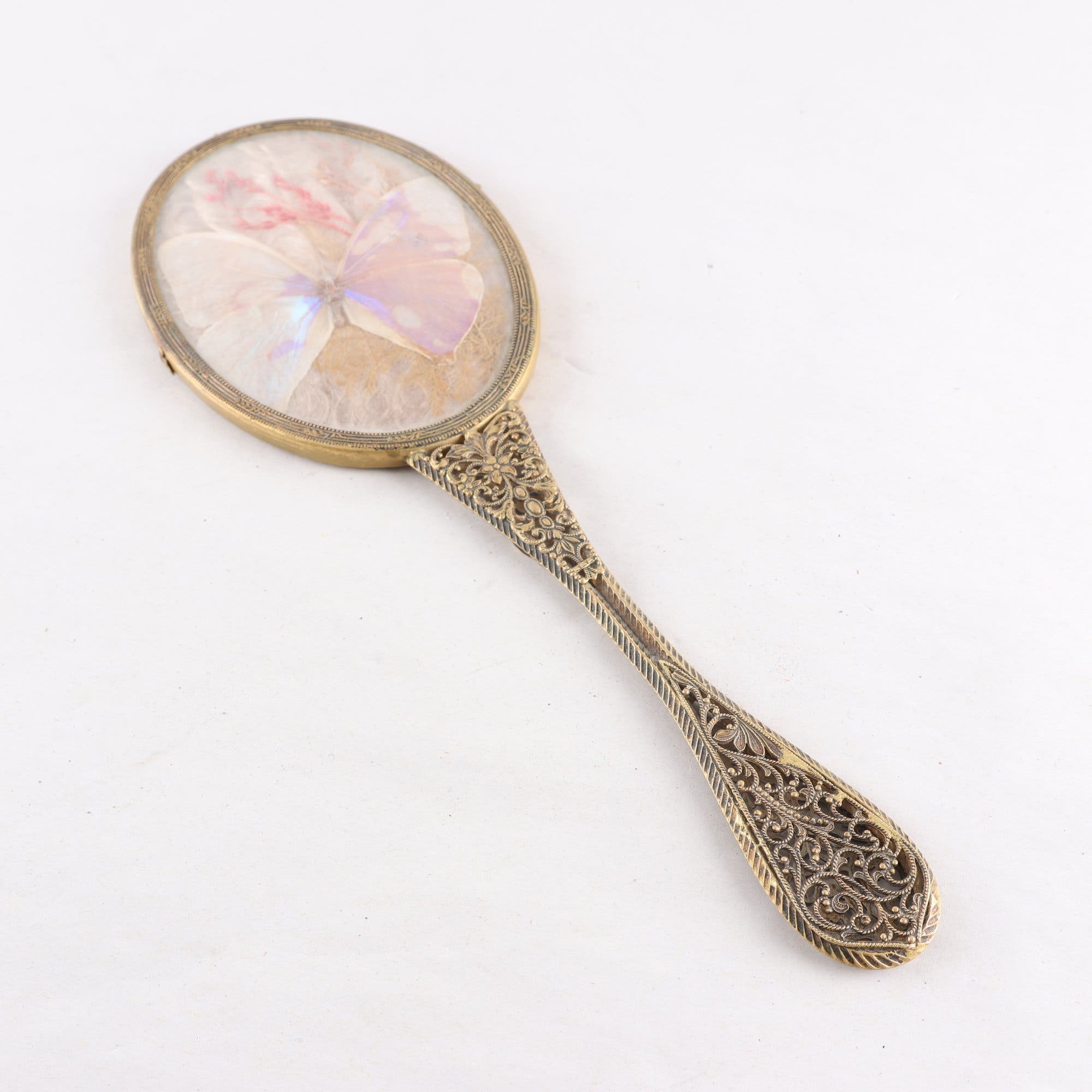 Handspegel, gulmetall, fjäril taxidermi, 1900-tal