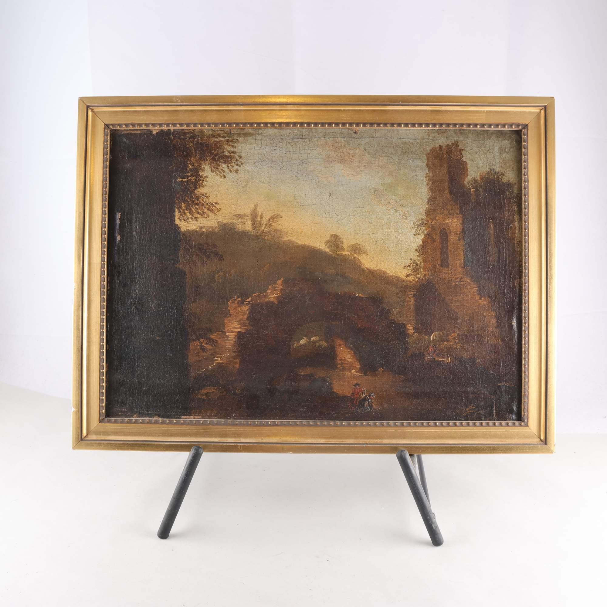 Olja på duk, figurer i ruinlandskap, 17/1800-tal. Endast avhämtning