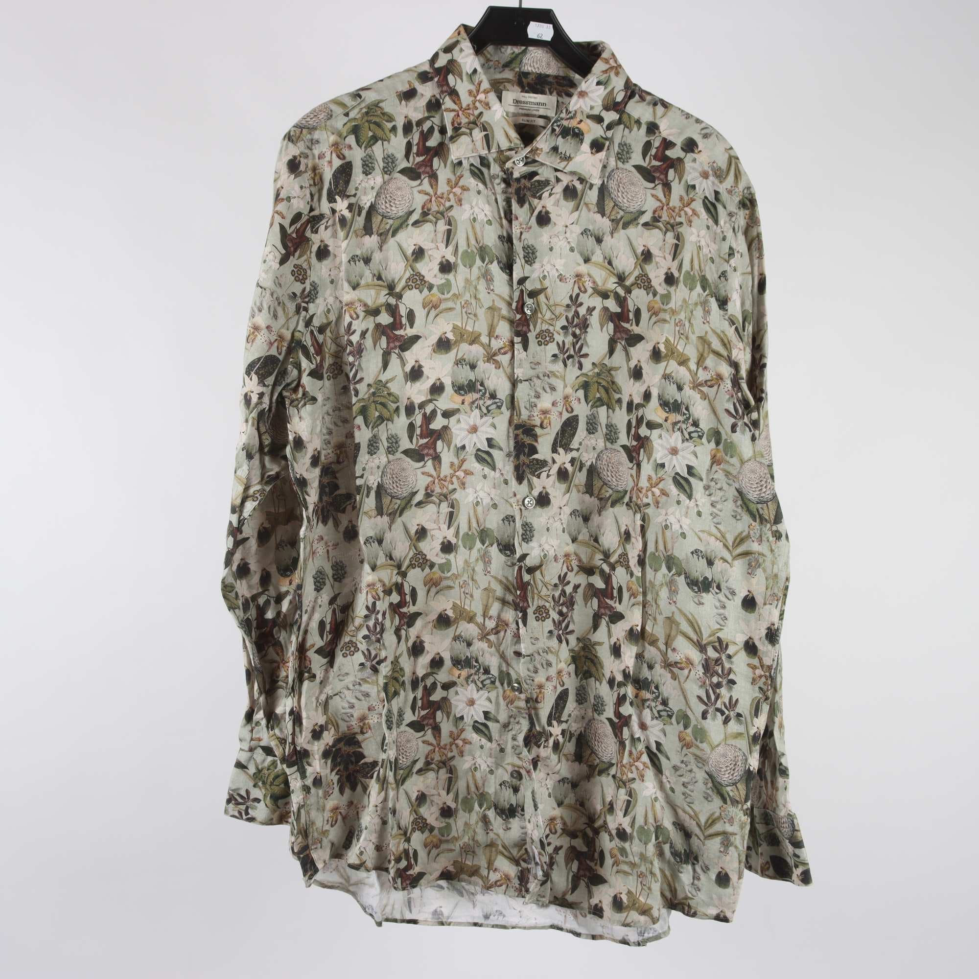 Skjorta, Dressman, grön, blommig, 100% linne, stl. 2XL