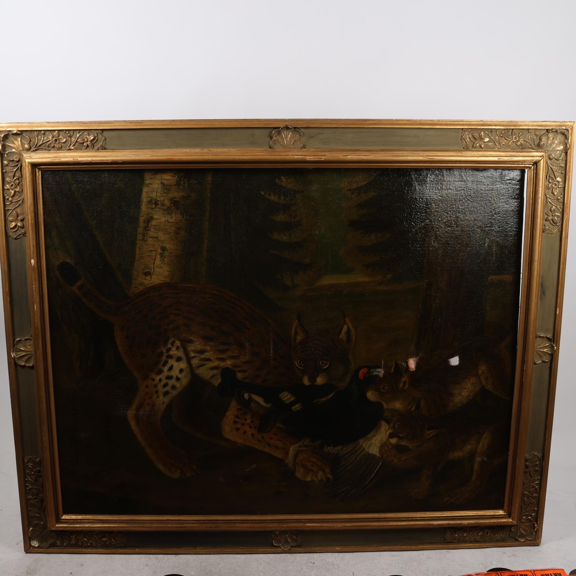 Olja på duk, lodjur och orrtupp, 1800-tal, monogramsignerad. Endast avhämtning