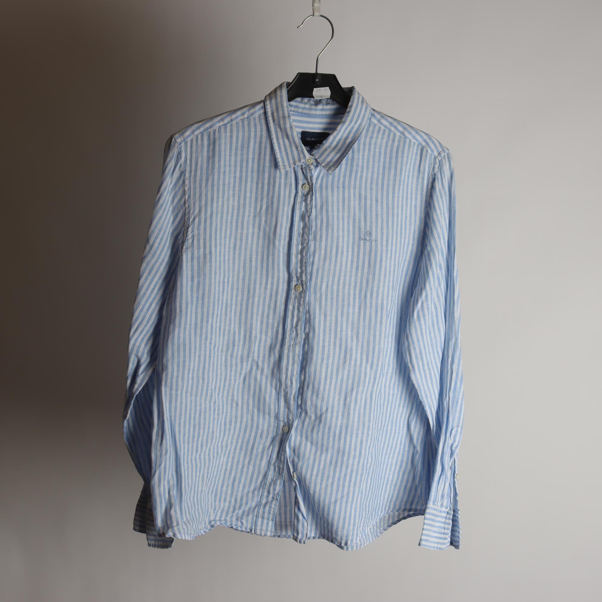 Blus, Gant, randig, vit, blå, 100% lin, stl. 38.