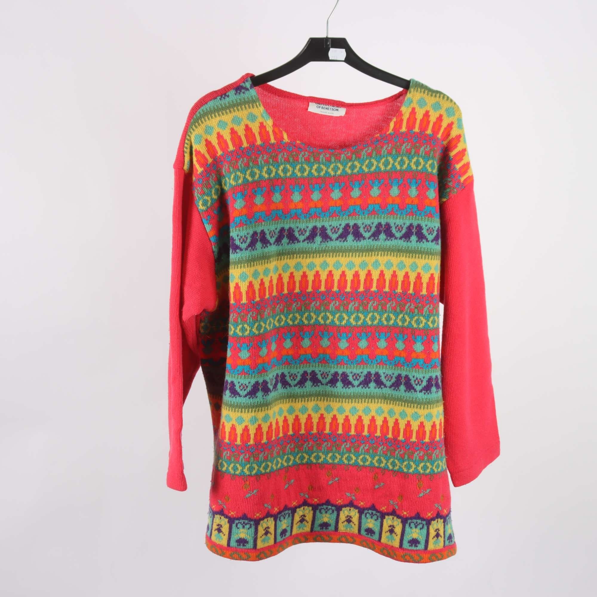 Tröja, Benetton, mönstrad, 80% ull, rosa, gul, turkos, stl. L.