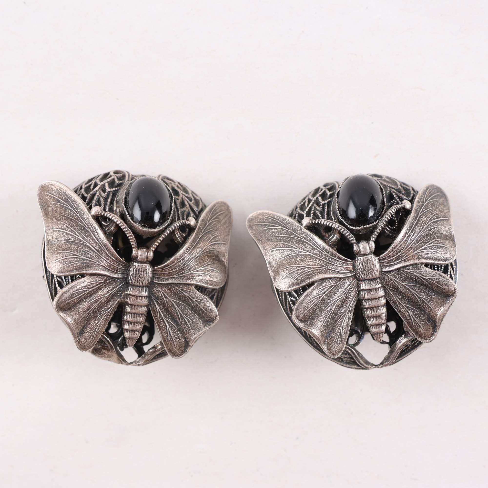 Öronclips, silver, onyx, vintage