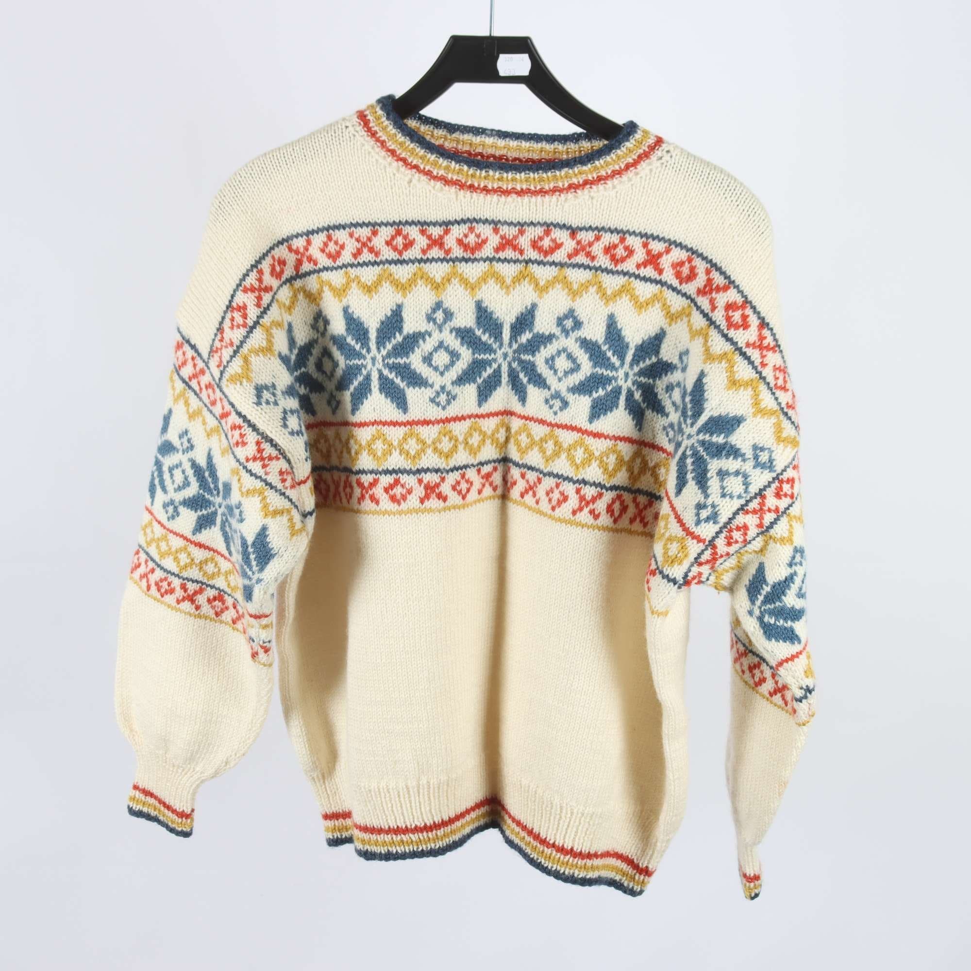 Tröja, Okänd, offwhite, blå, ull, stl. ca. S/M.