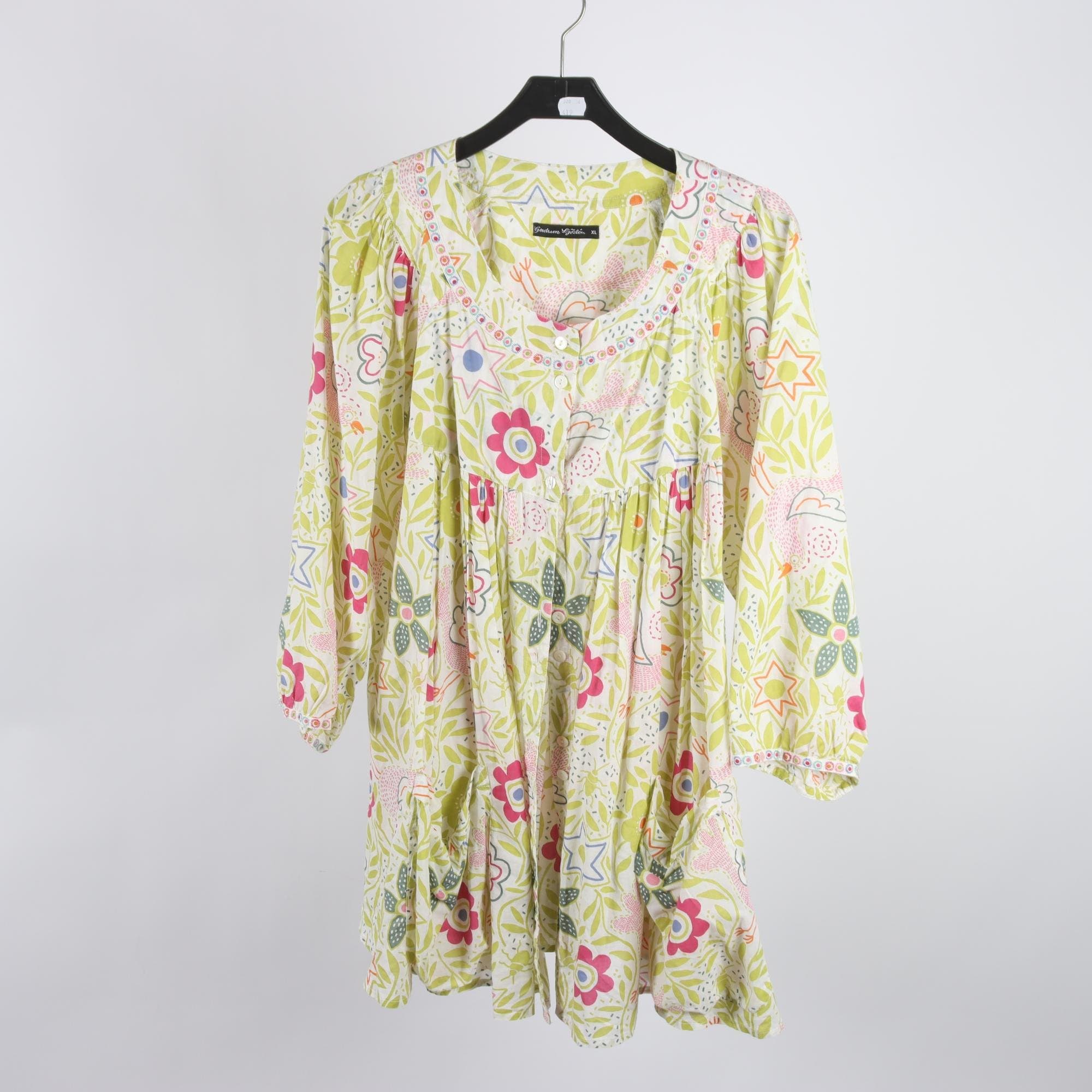 Blus/tunika, Gudrun Sjödén, mönstrad, vit, grön, stl. XL.